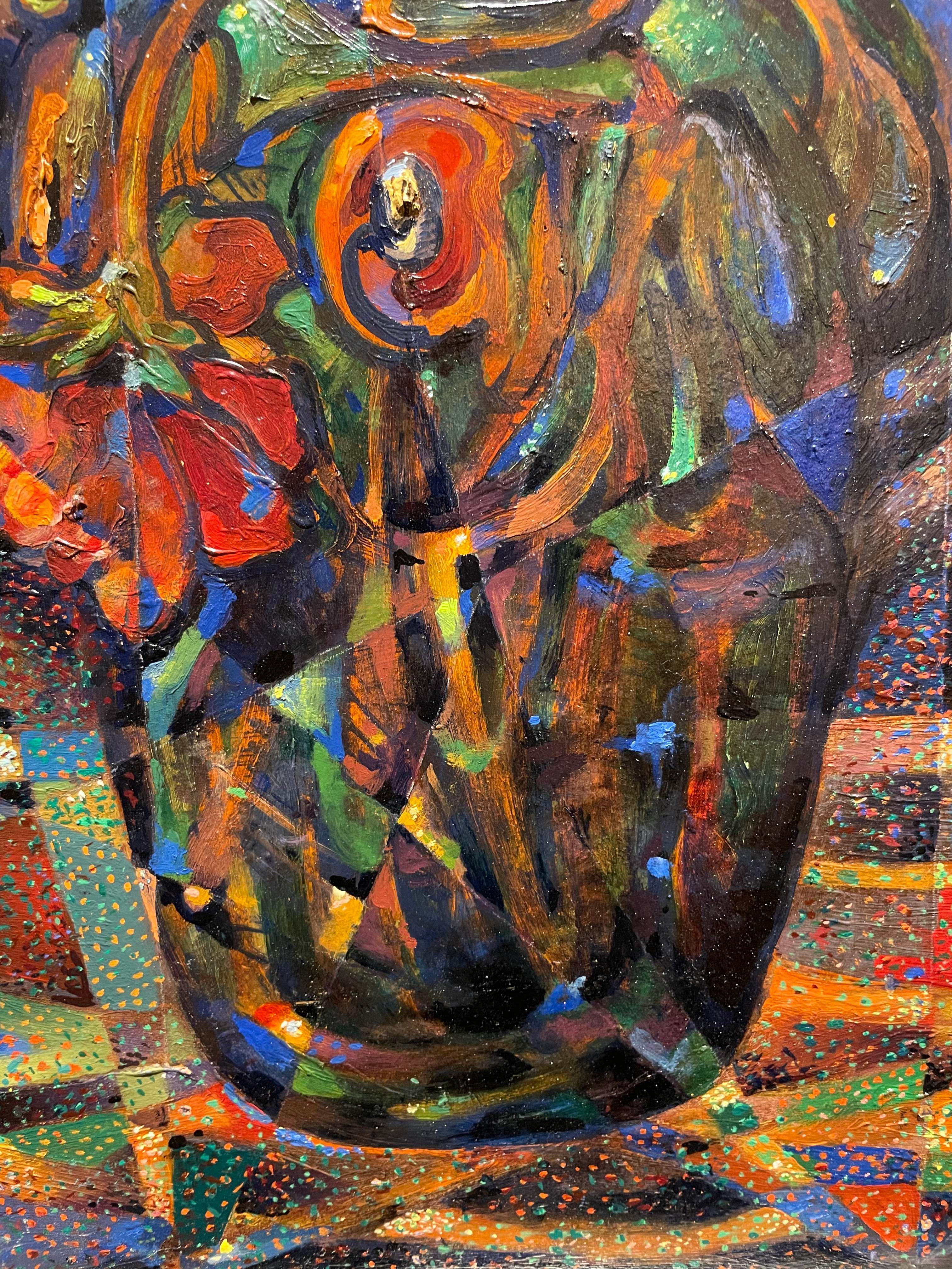 Nature morte avec zinnias, grand vase floral abstrait figuratif du milieu du siècle en vente 5