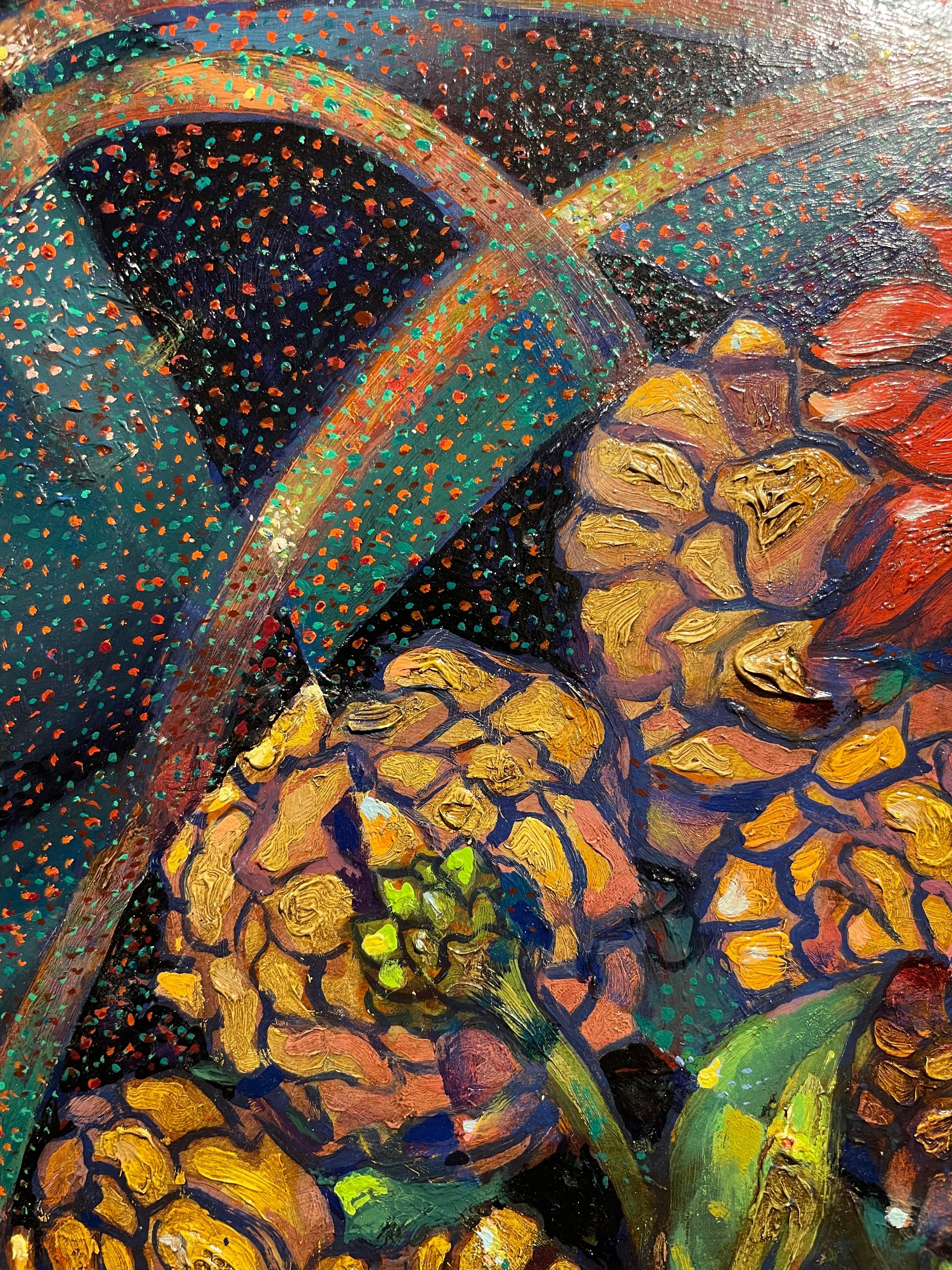 Nature morte avec zinnias, grand vase floral abstrait figuratif du milieu du siècle en vente 7