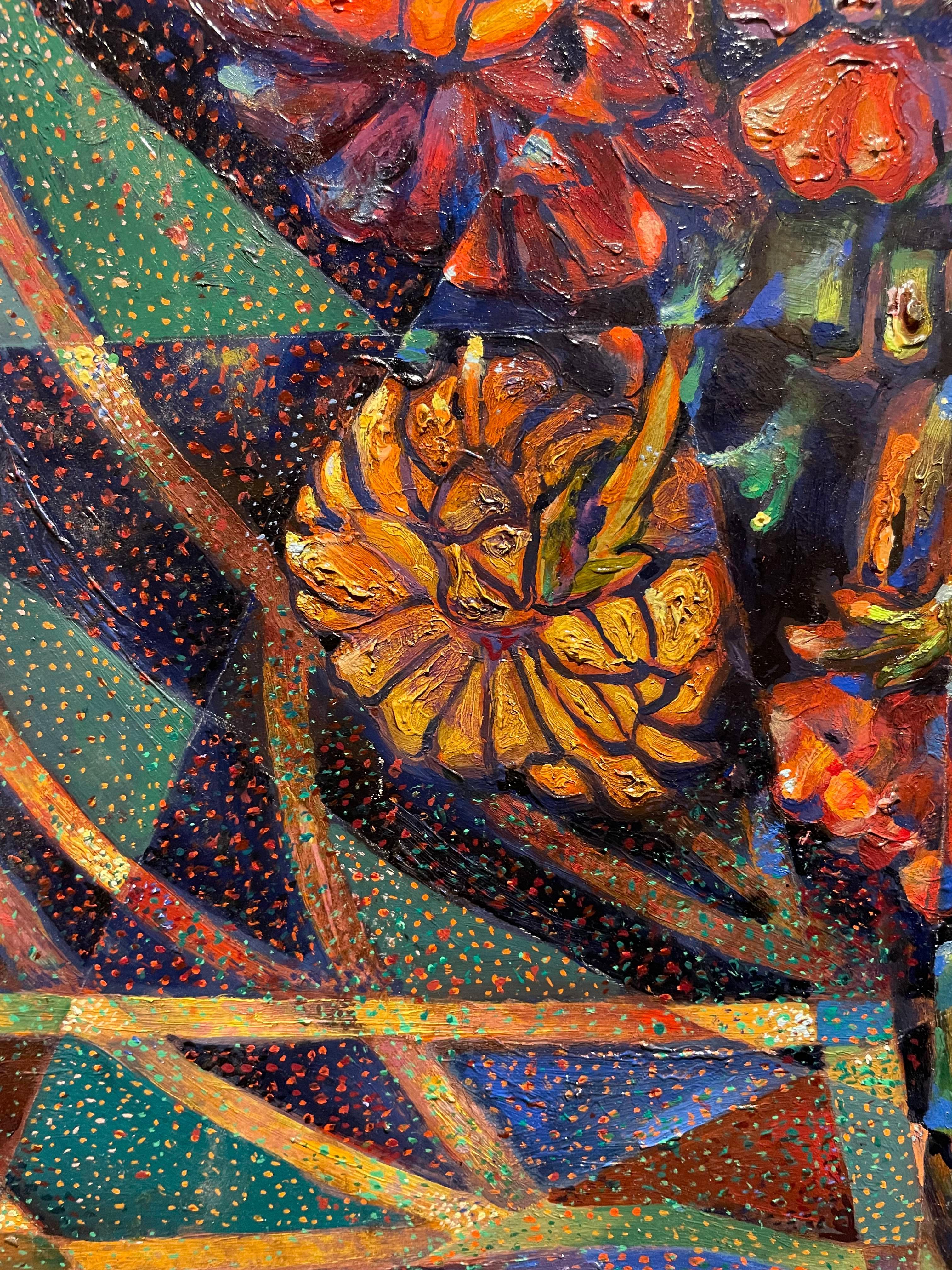 Nature morte avec zinnias, grand vase floral abstrait figuratif du milieu du siècle en vente 8