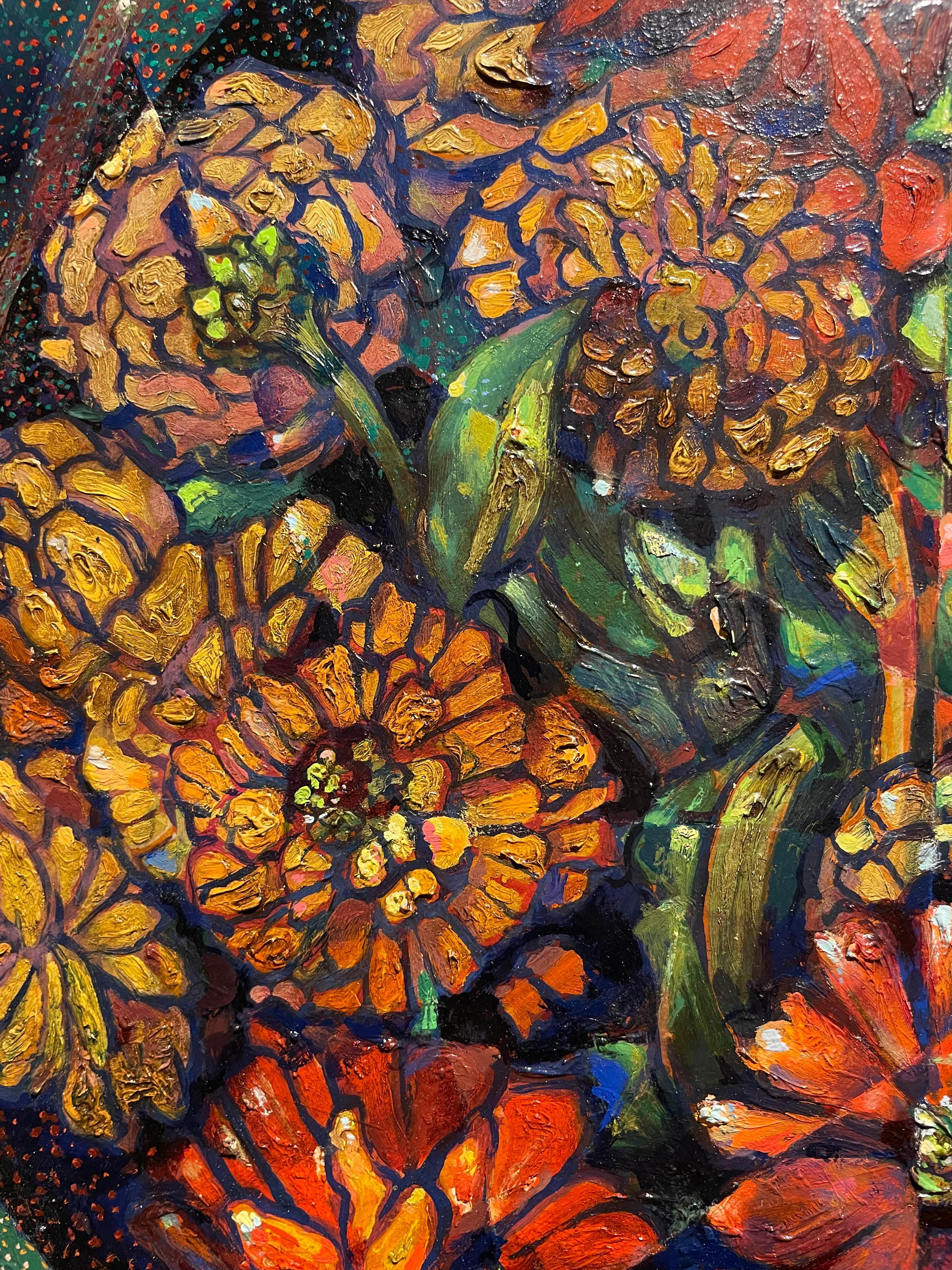 Nature morte avec zinnias, grand vase floral abstrait figuratif du milieu du siècle en vente 9