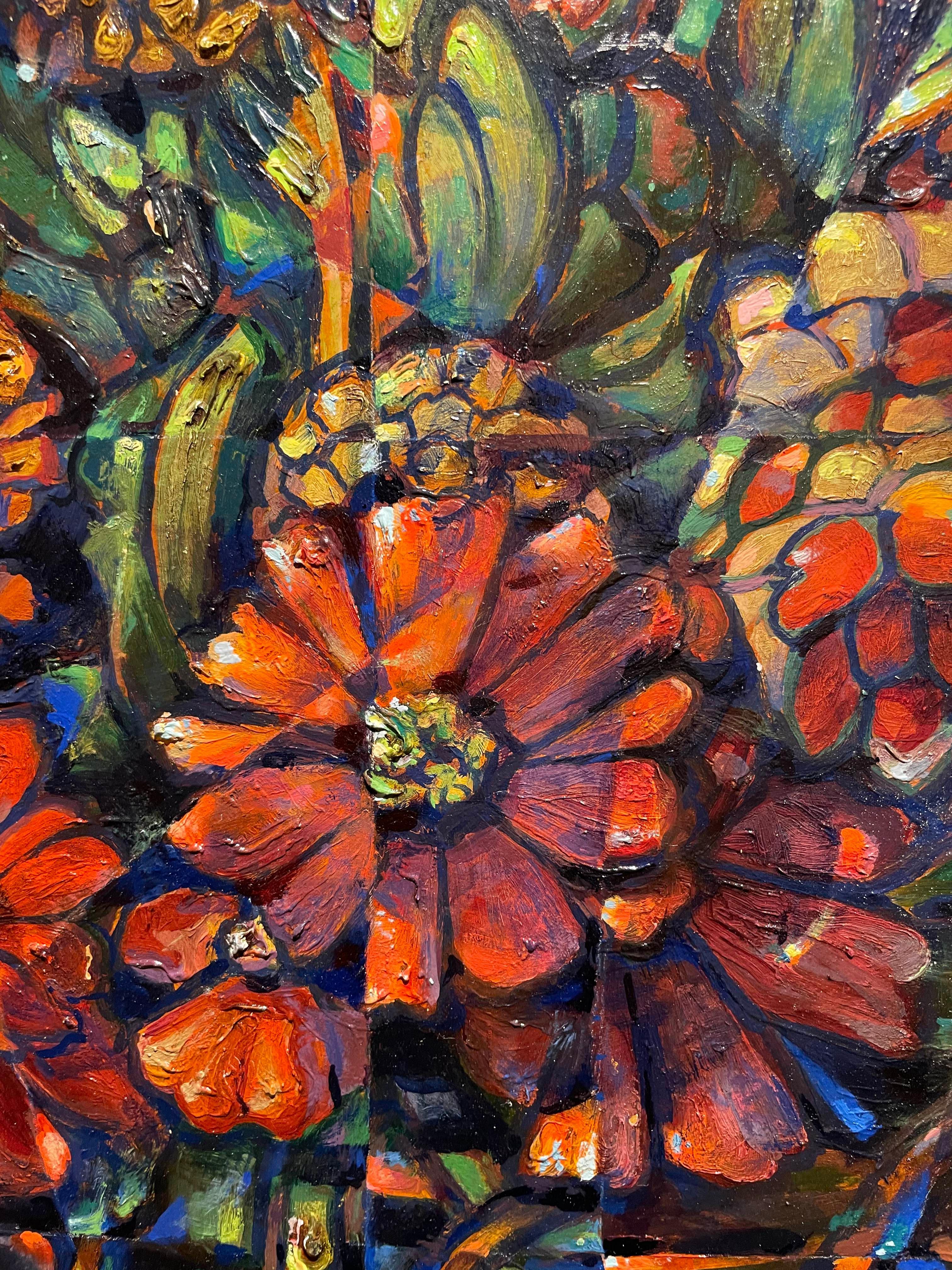 Nature morte avec zinnias, grand vase floral abstrait figuratif du milieu du siècle en vente 10