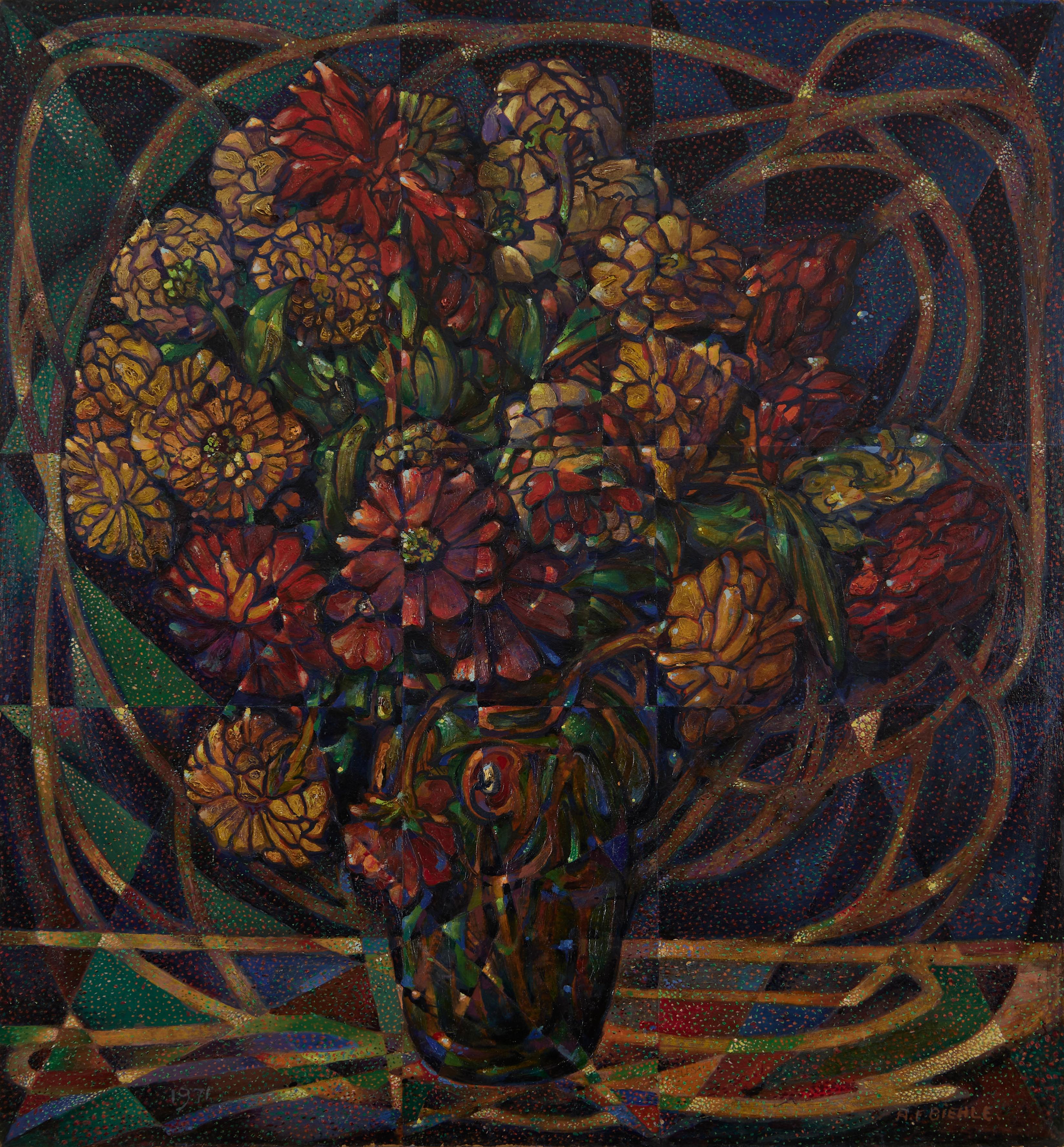 Nature morte avec zinnias, grand vase floral abstrait figuratif du milieu du siècle - Painting de August Frederick Biehle