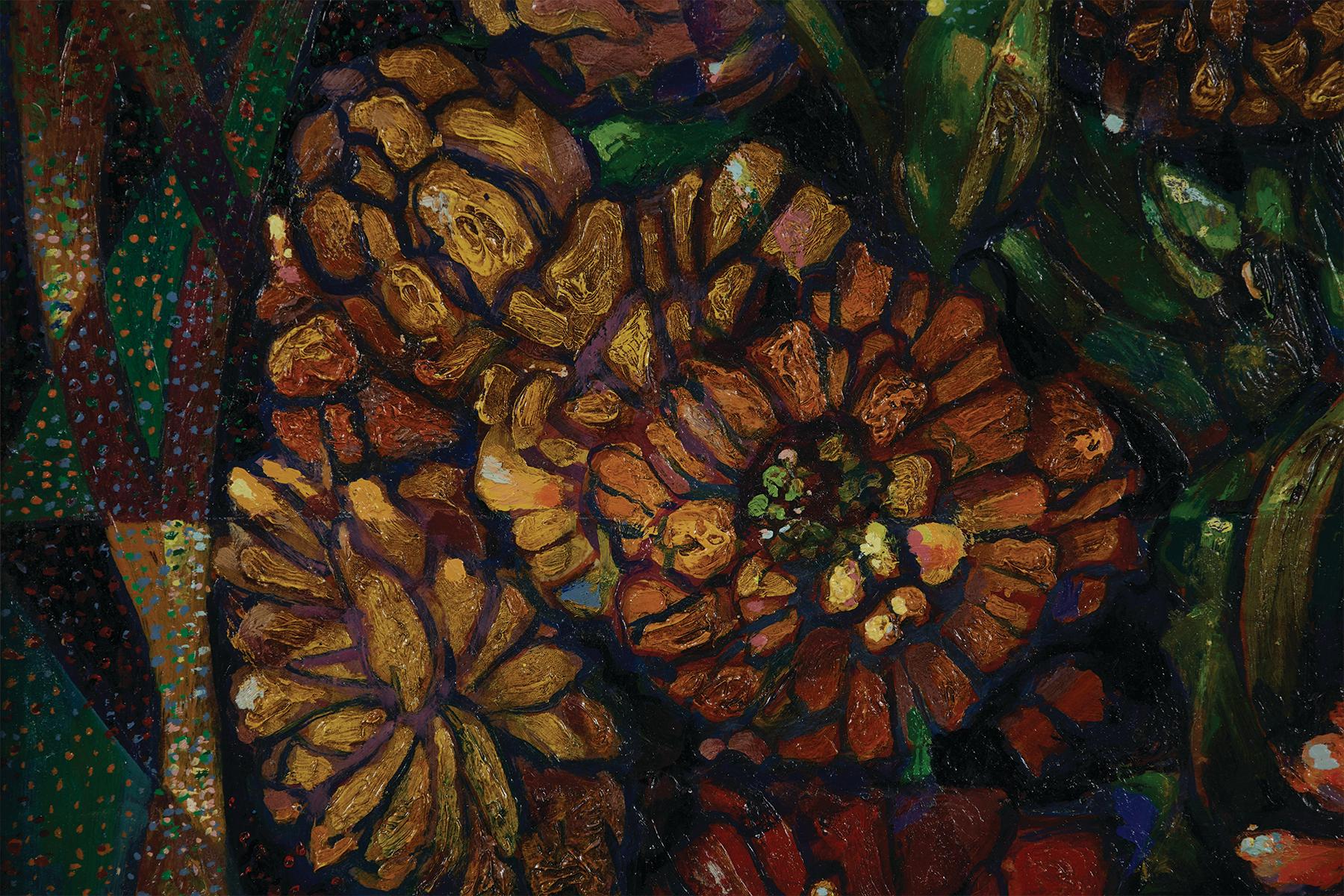 Nature morte avec zinnias, grand vase floral abstrait figuratif du milieu du siècle - Modernisme américain Painting par August Frederick Biehle