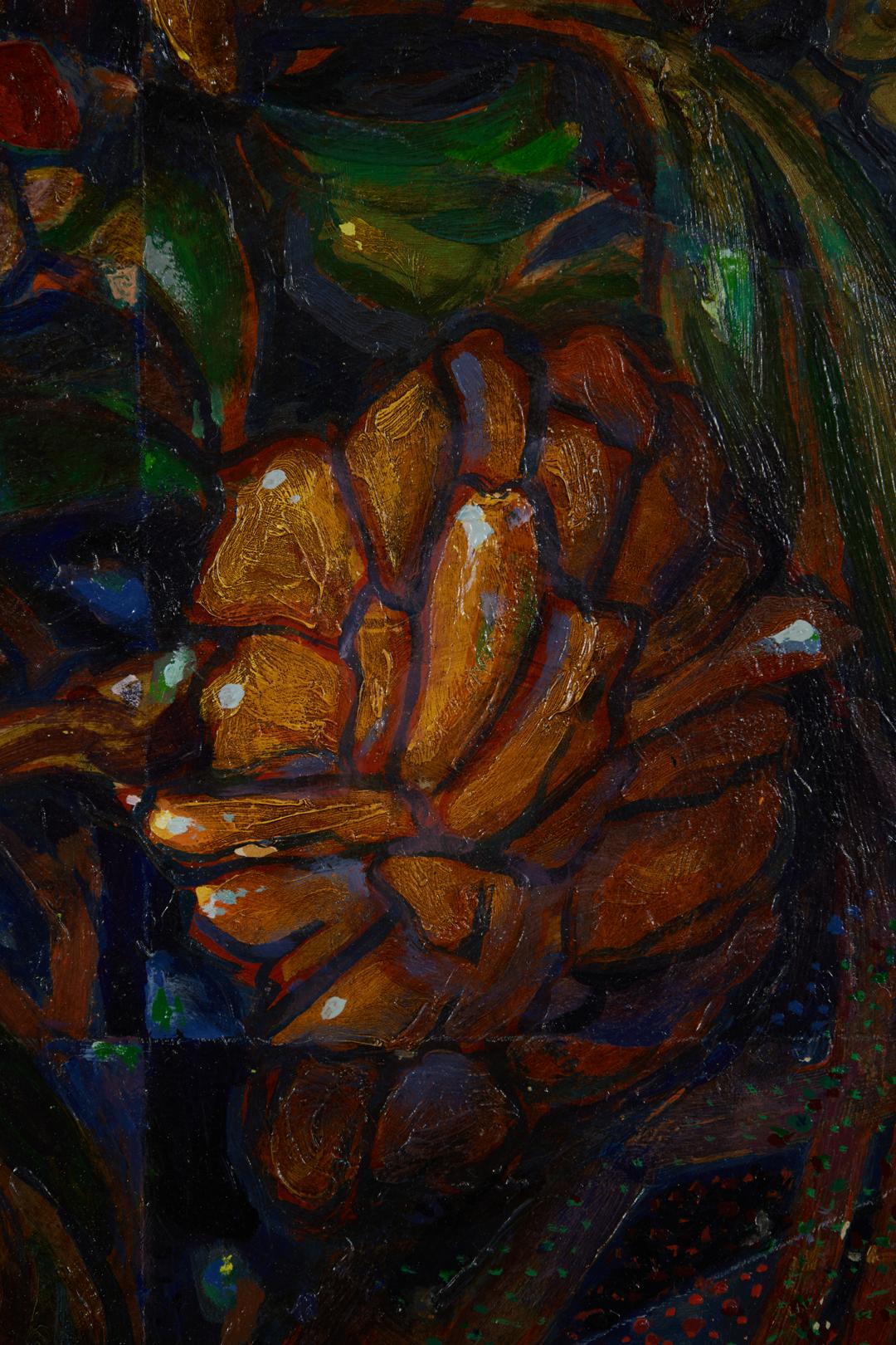 Nature morte avec zinnias, grand vase floral abstrait figuratif du milieu du siècle - Noir Figurative Painting par August Frederick Biehle