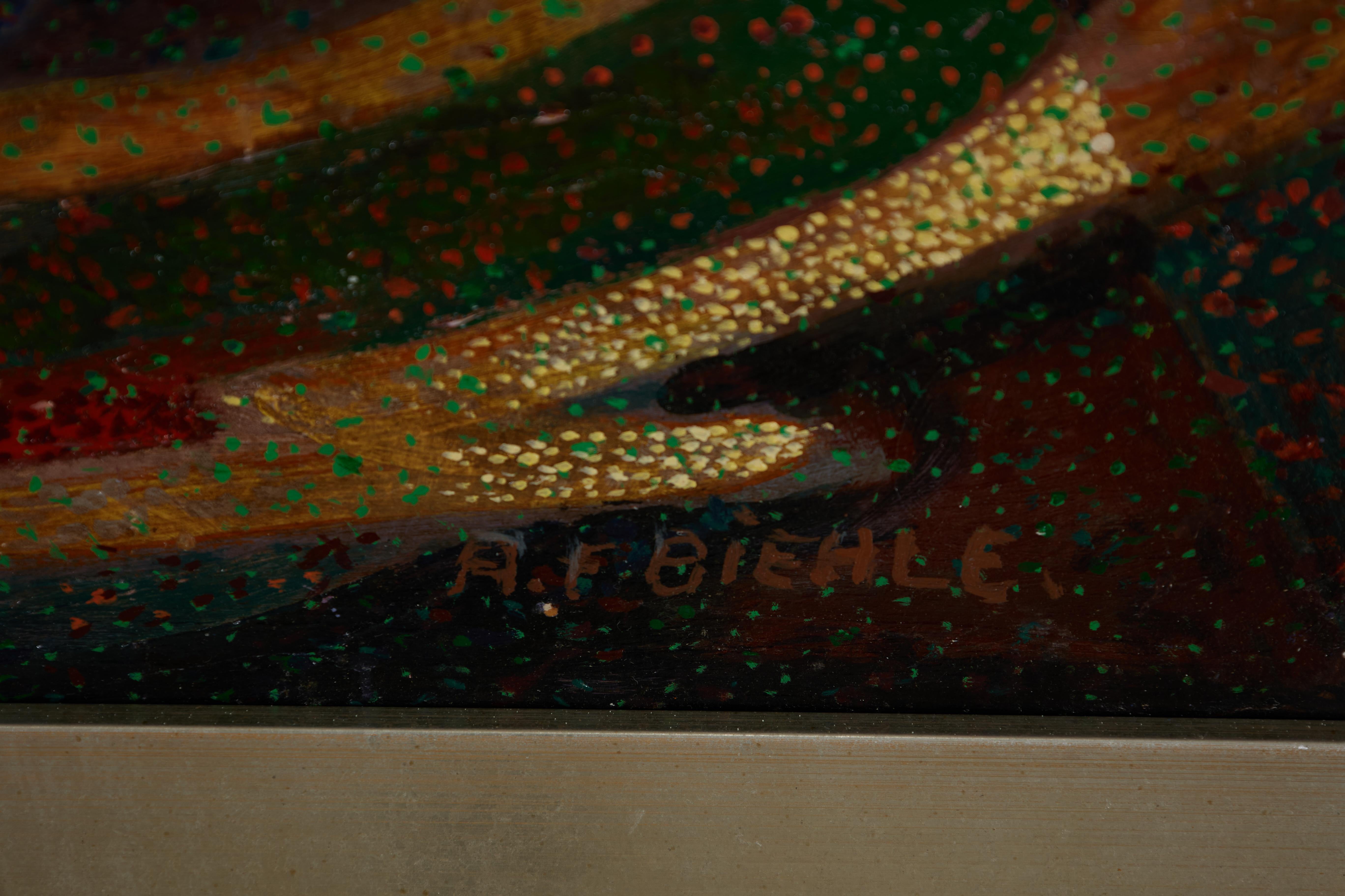 August Frederick Biehle (1885-1979)
Nature morte aux zinnias, 1971
Huile sur masonite
Signé en bas à droite
36 x 34 pouces
41.25 x 39 pouces, encadré

Peintre polyvalent qui a travaillé dans une variété de genres et de styles, August Biehle a été