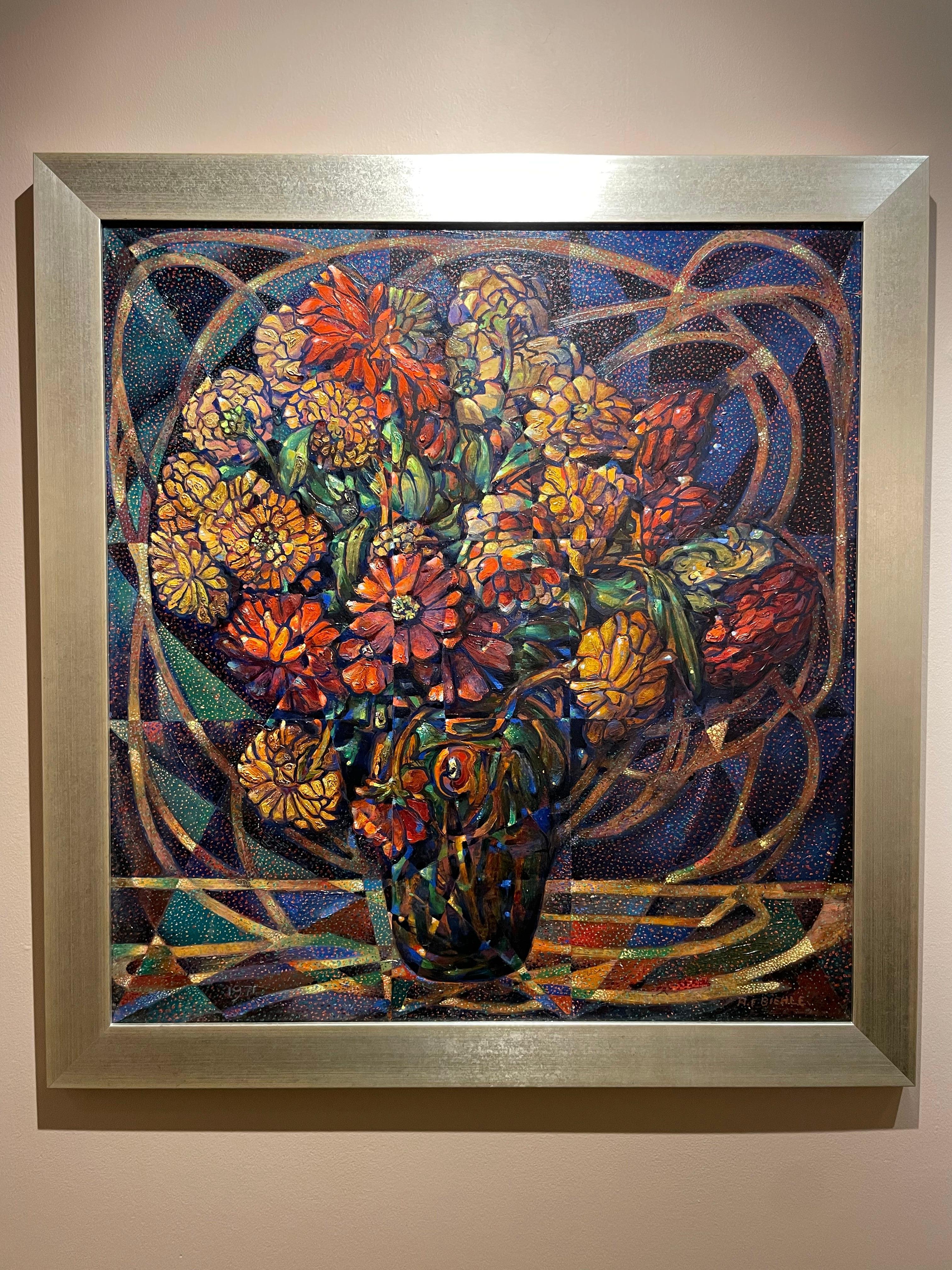 Nature morte avec zinnias, grand vase floral abstrait figuratif du milieu du siècle en vente 2