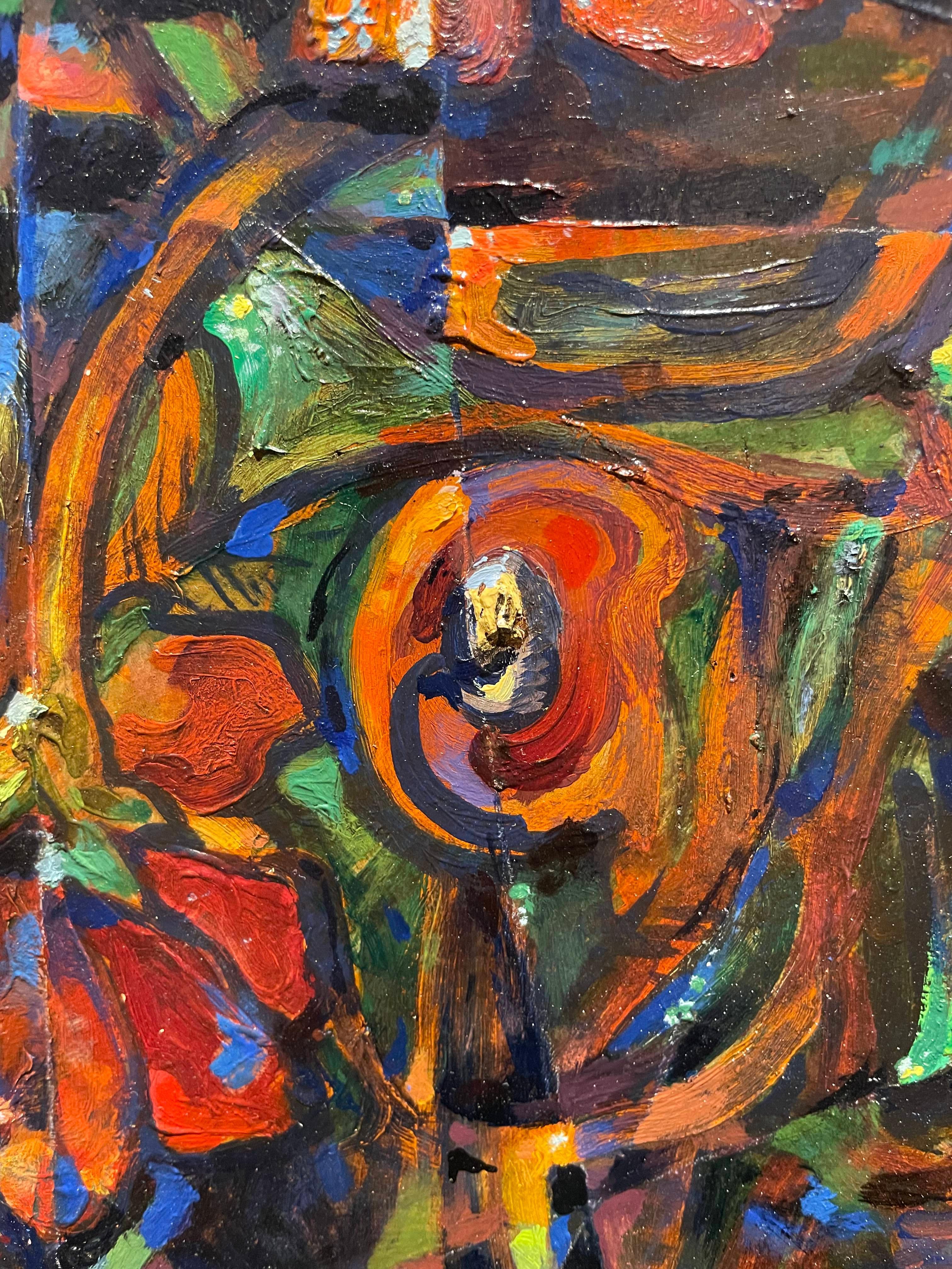 Nature morte avec zinnias, grand vase floral abstrait figuratif du milieu du siècle en vente 3