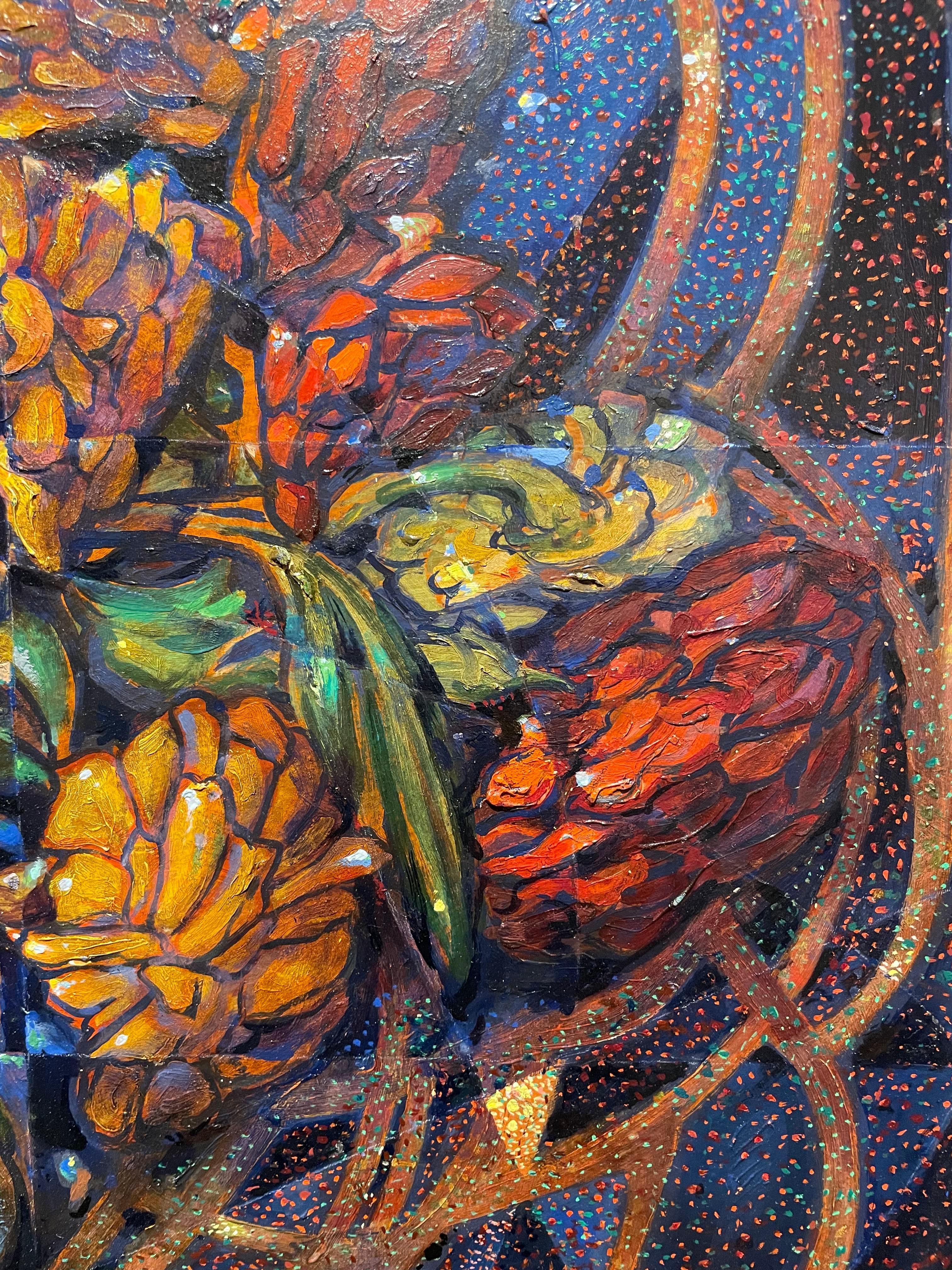 Nature morte avec zinnias, grand vase floral abstrait figuratif du milieu du siècle en vente 4