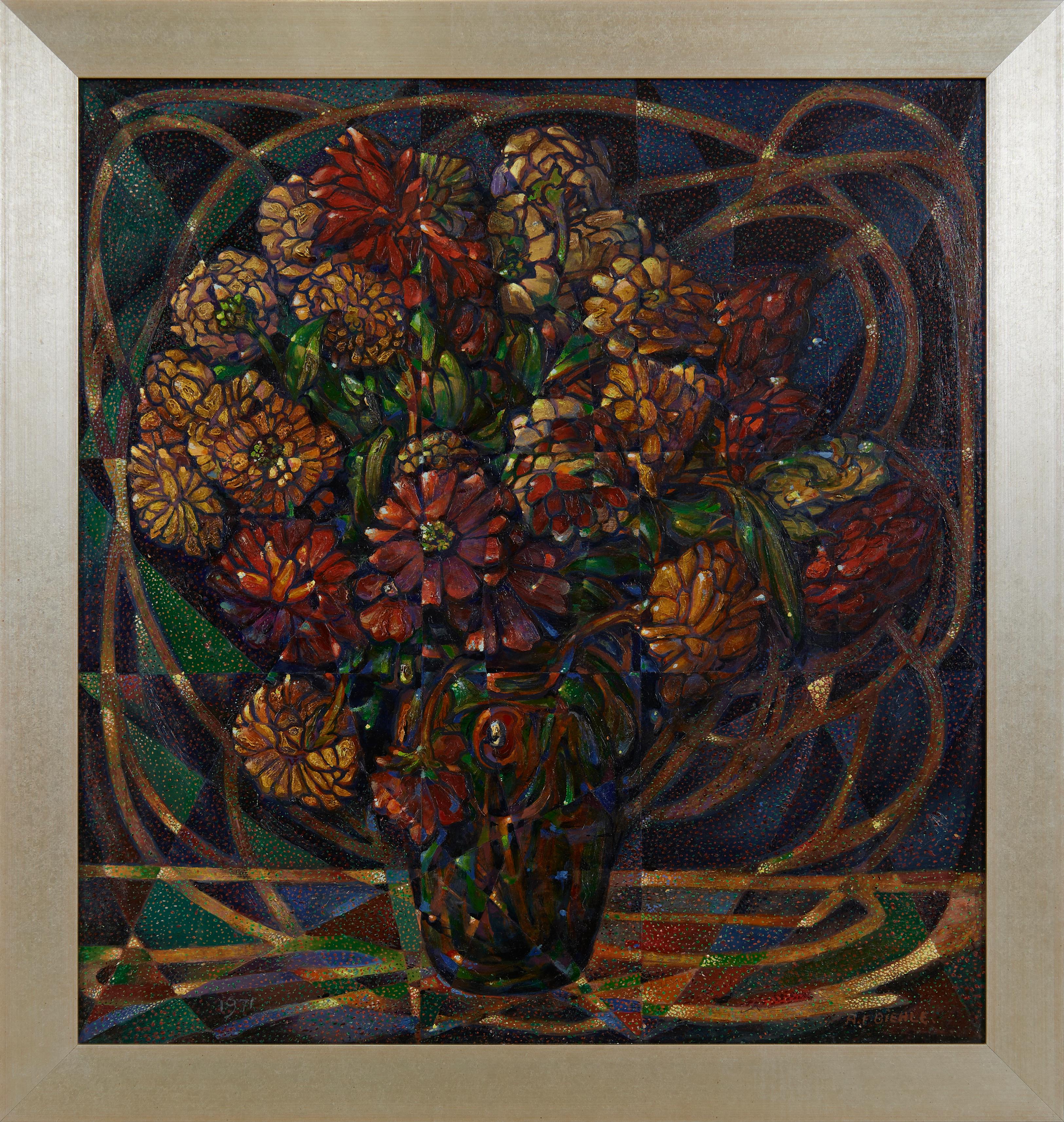 Nature morte avec zinnias, grand vase floral abstrait figuratif du milieu du siècle