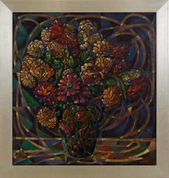 Still Life w/ Zinnias, Large Mid-Century Figural Abstract Floral Vase