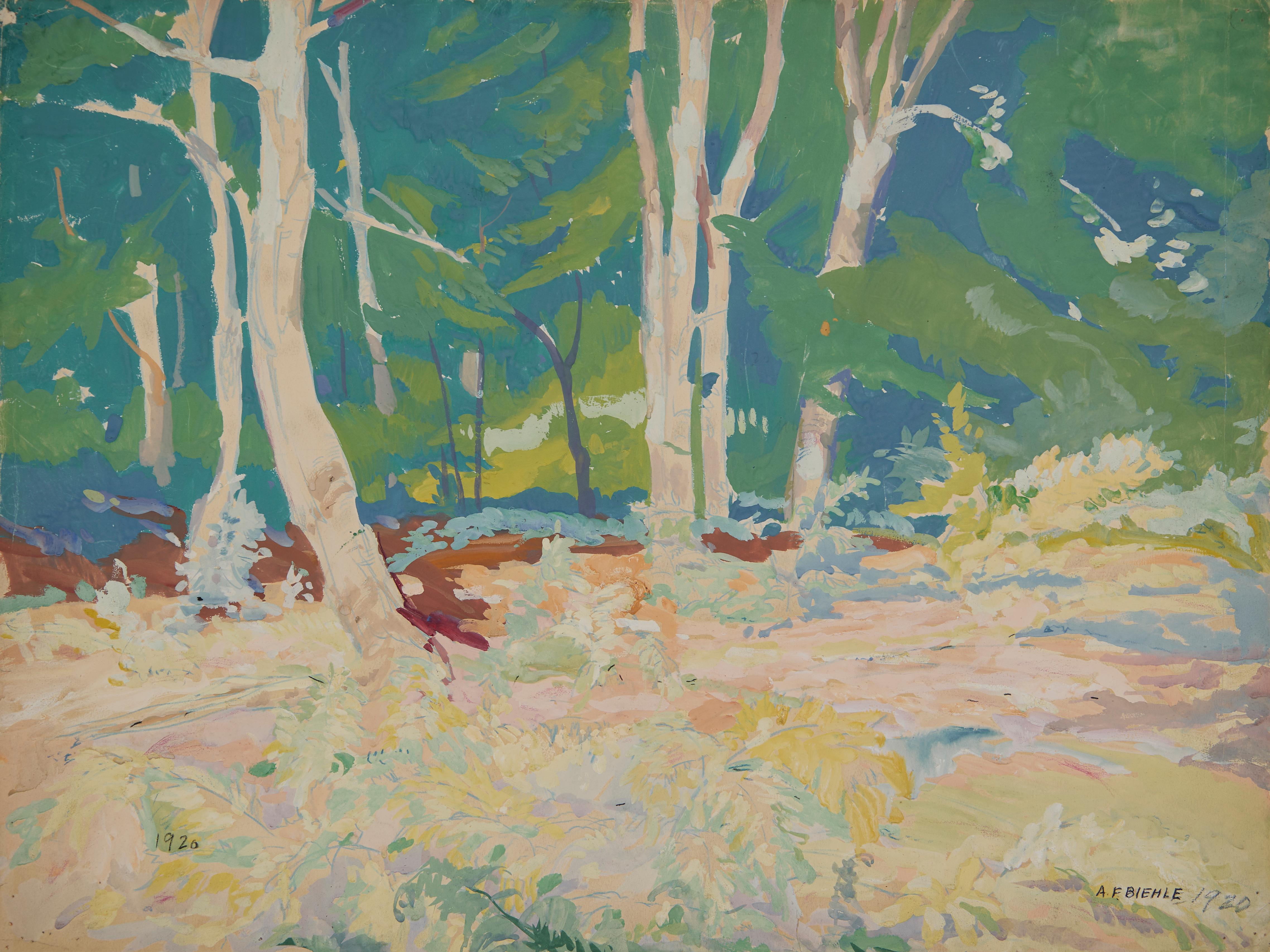 Intérieur de Wood, Berlin Heights, Ohio, Paysage forestier, Artiste de l'école de Cleveland - Gris Landscape Art par August Frederick Biehle