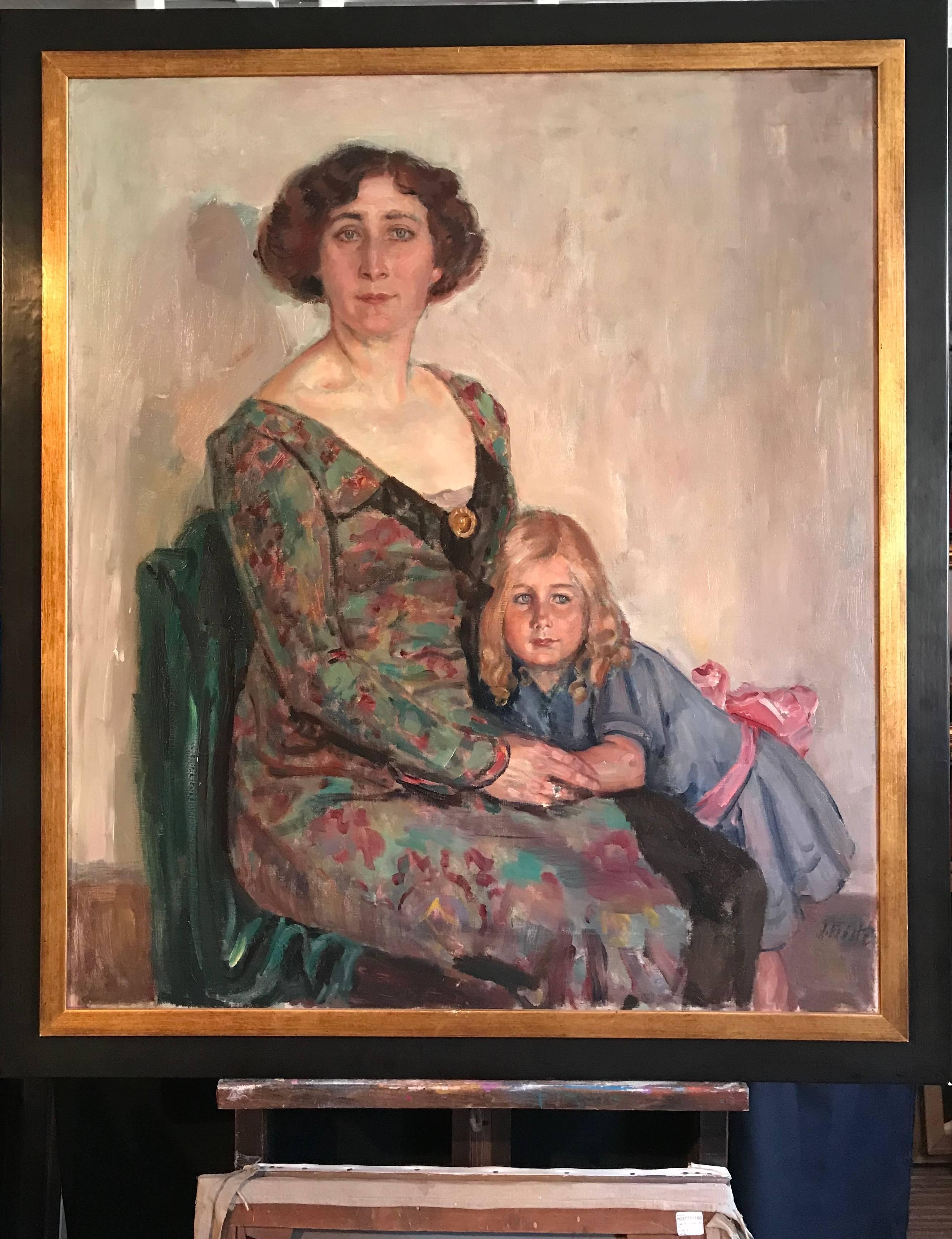 Huge 1930's Portrait Mother & Daughter, signed oil painting on canvas - Painting by August Fricke
