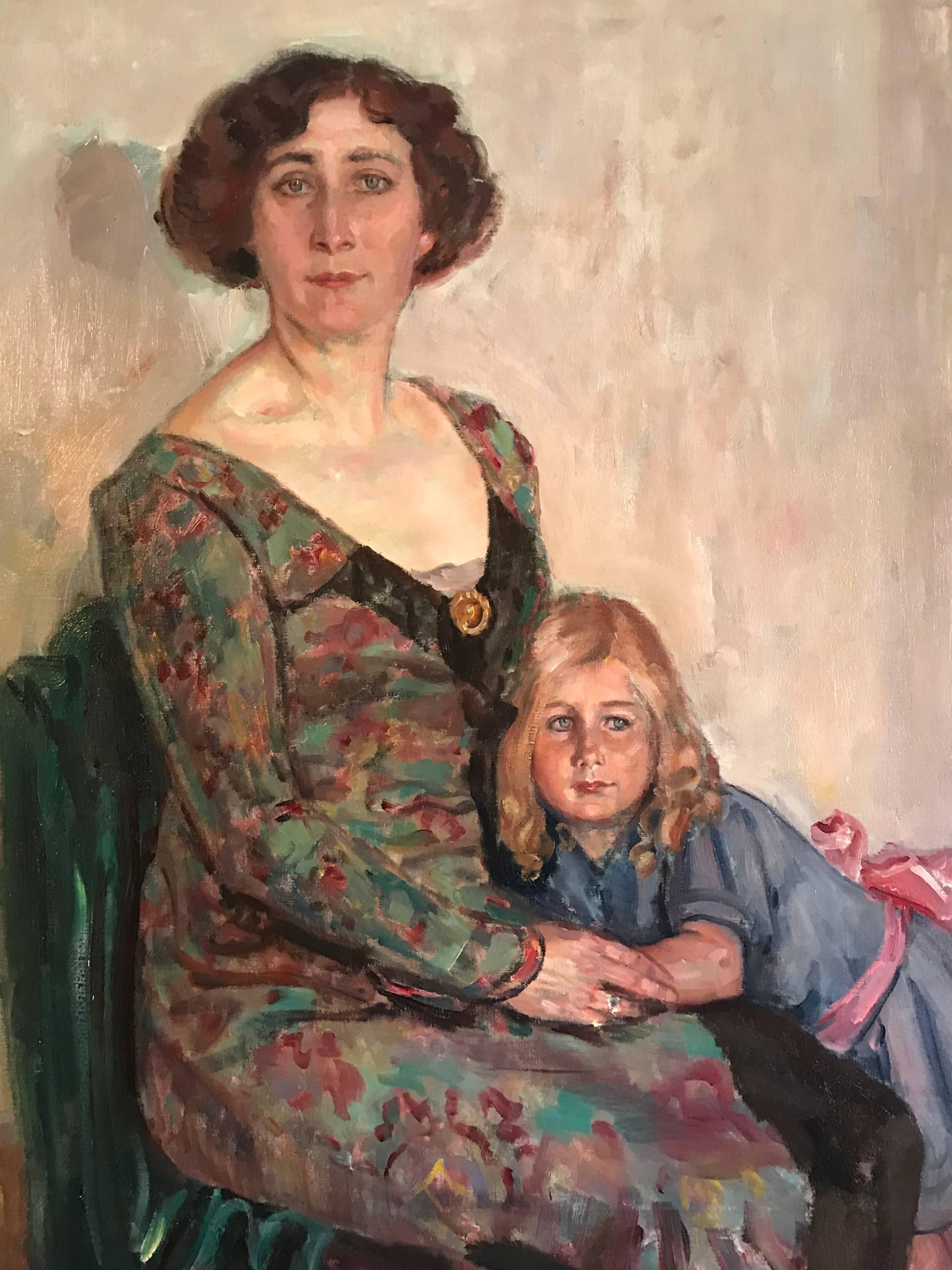 Huge 1930's Portrait Mother & Daughter, signed oil painting on canvas 1