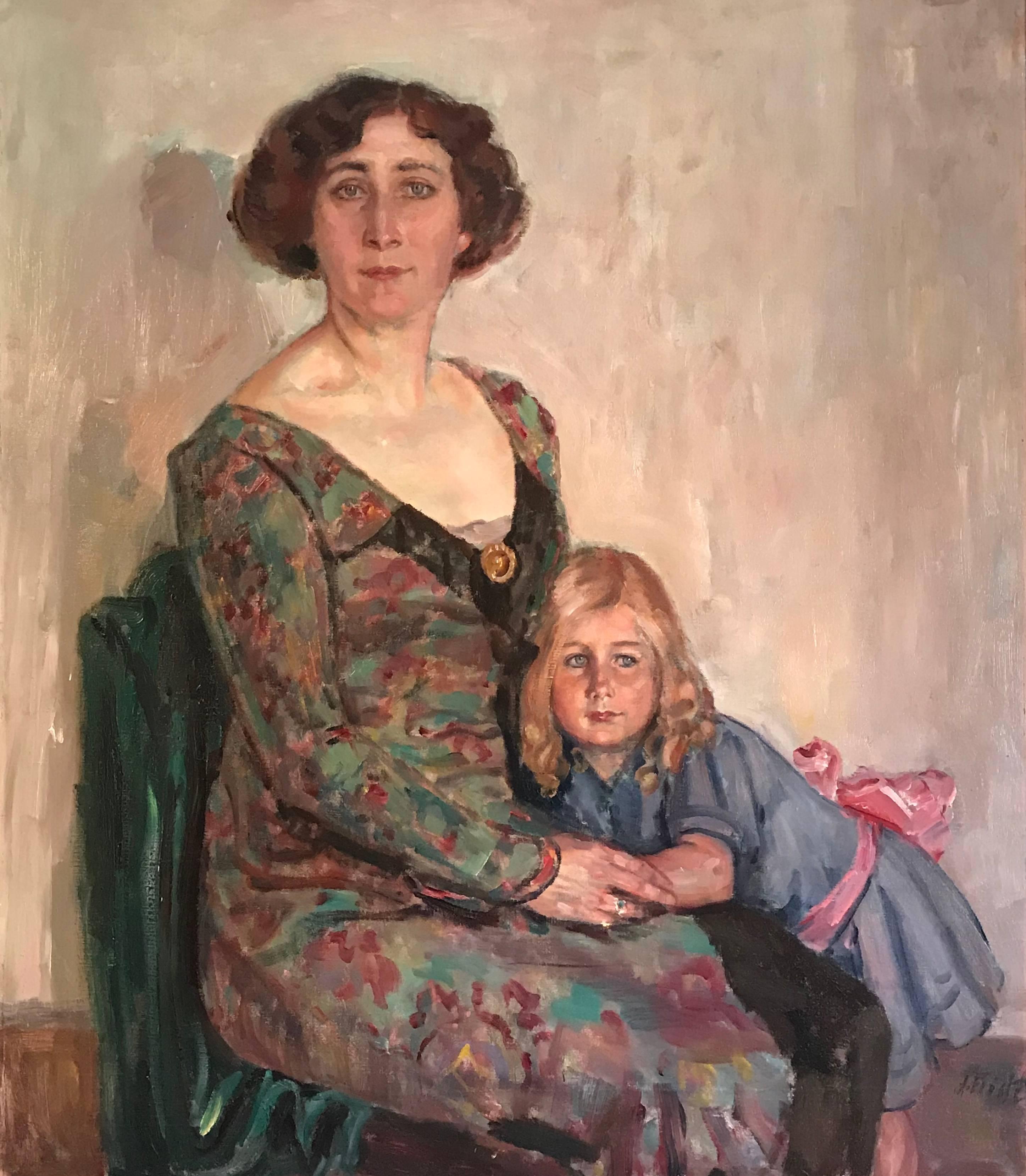 August Fricke Portrait Painting - Huge 1930's Portrait Mother & Daughter, signed oil painting on canvas