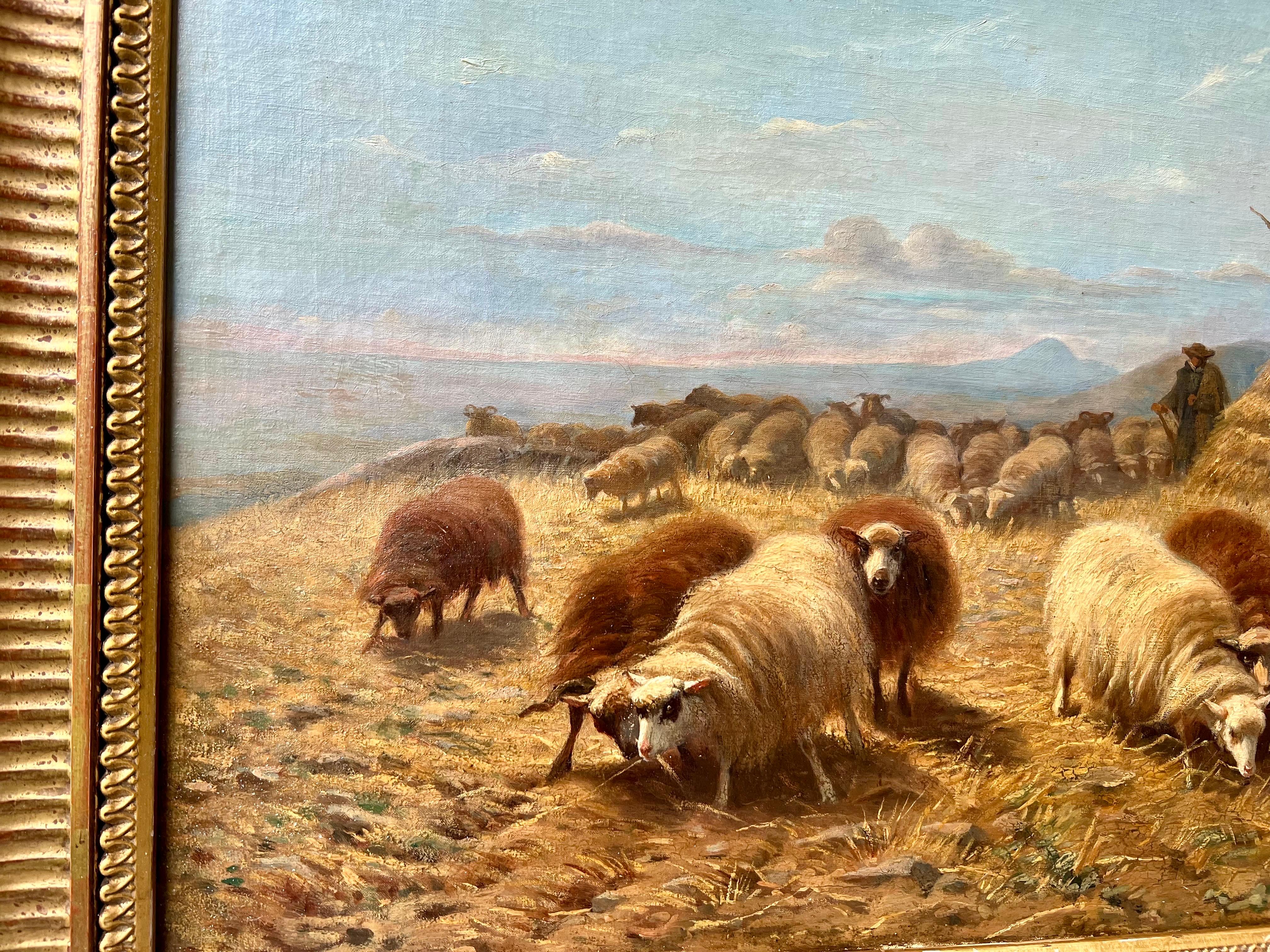 Quadro del XIX secolo Pastore in un paesaggio con le sue pecore - Rosa Bonheur - Painting Romantico di August Friedrich Schenck