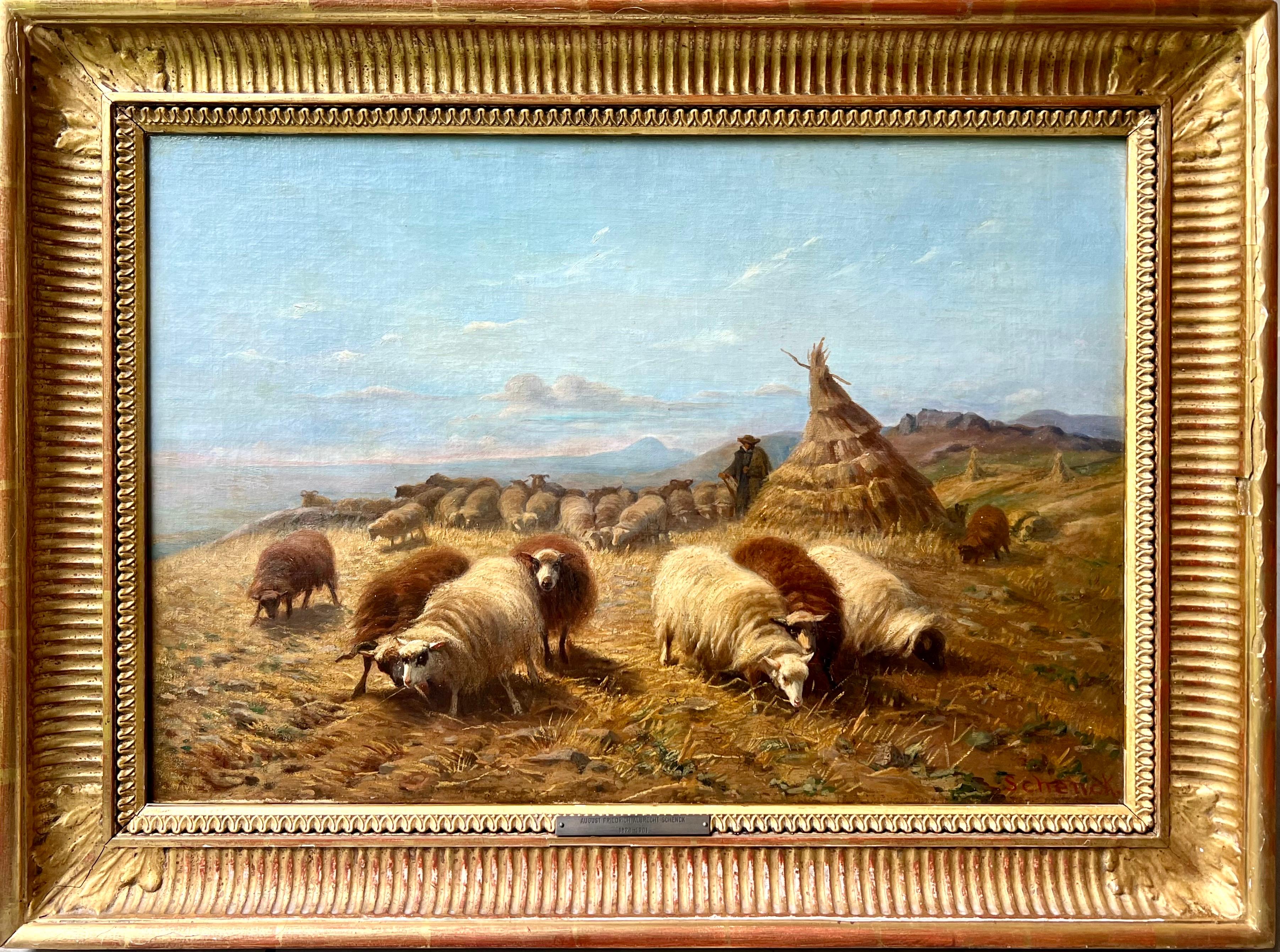 19th century painting Shepherd in a landscape with his sheep - Rosa Bonheur