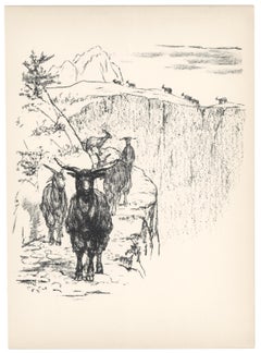 Antique "Goats" original lithograph