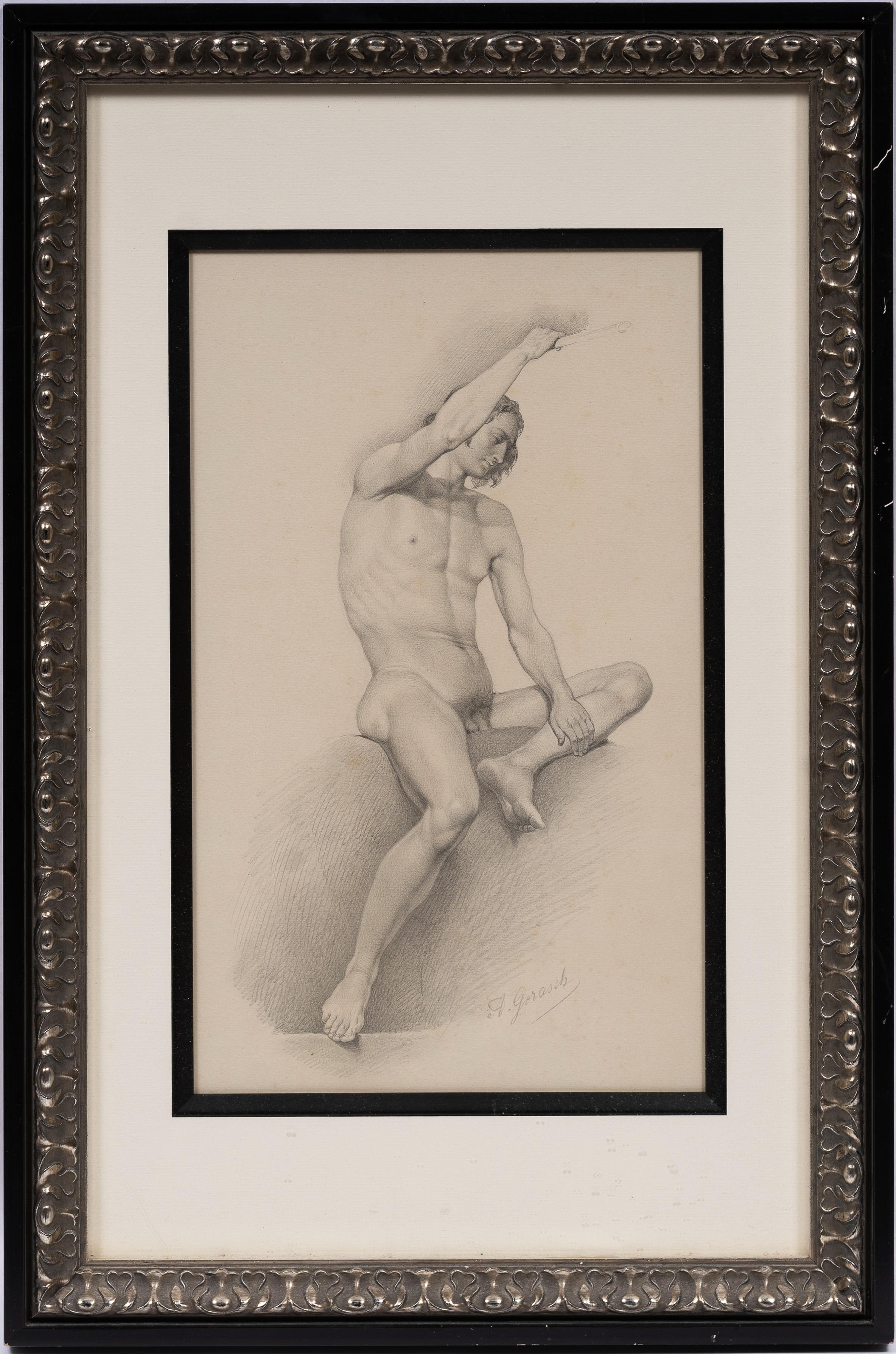 Antique Austrian Signed Classical Muscular Male Nude 19th Century Framed Drawing - Painting by August Gerasch
