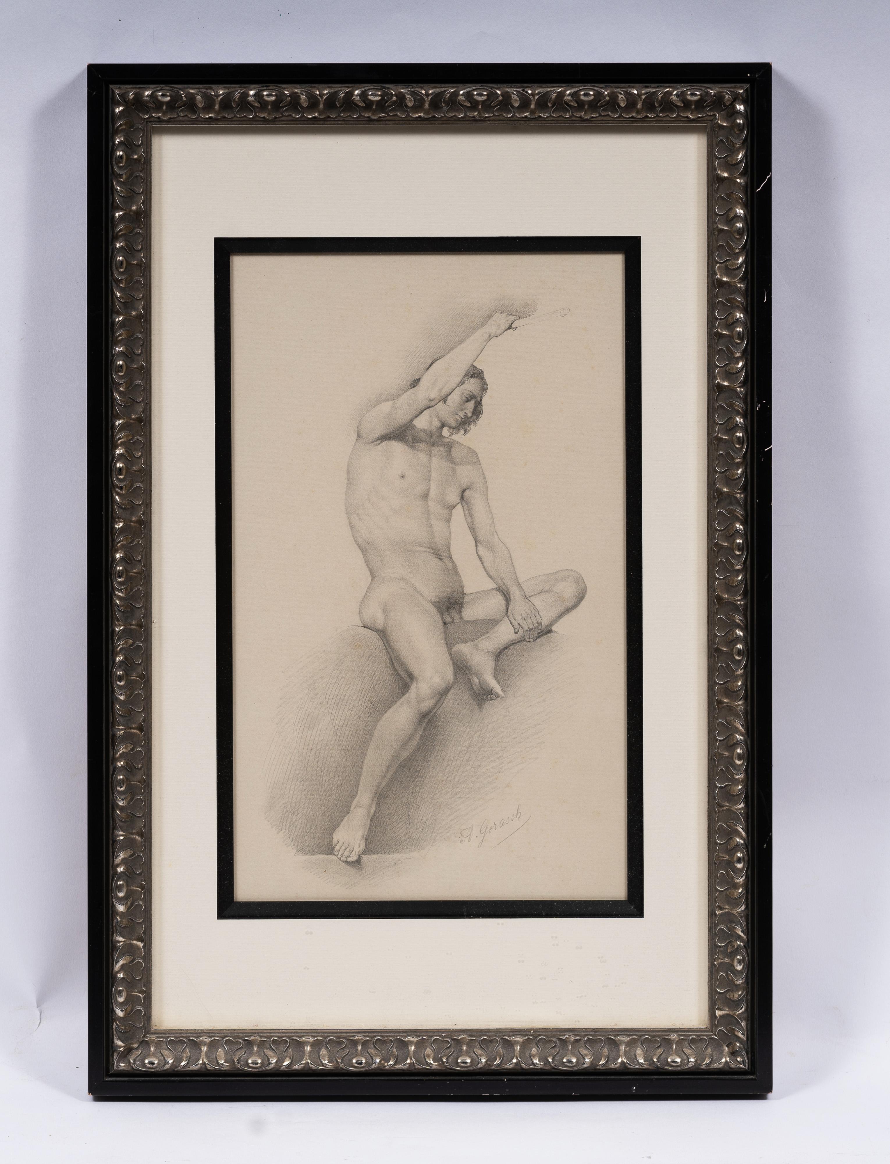Antique Austrian Signed Classical Muscular Male Nude 19th Century Framed Drawing - Realist Painting by August Gerasch