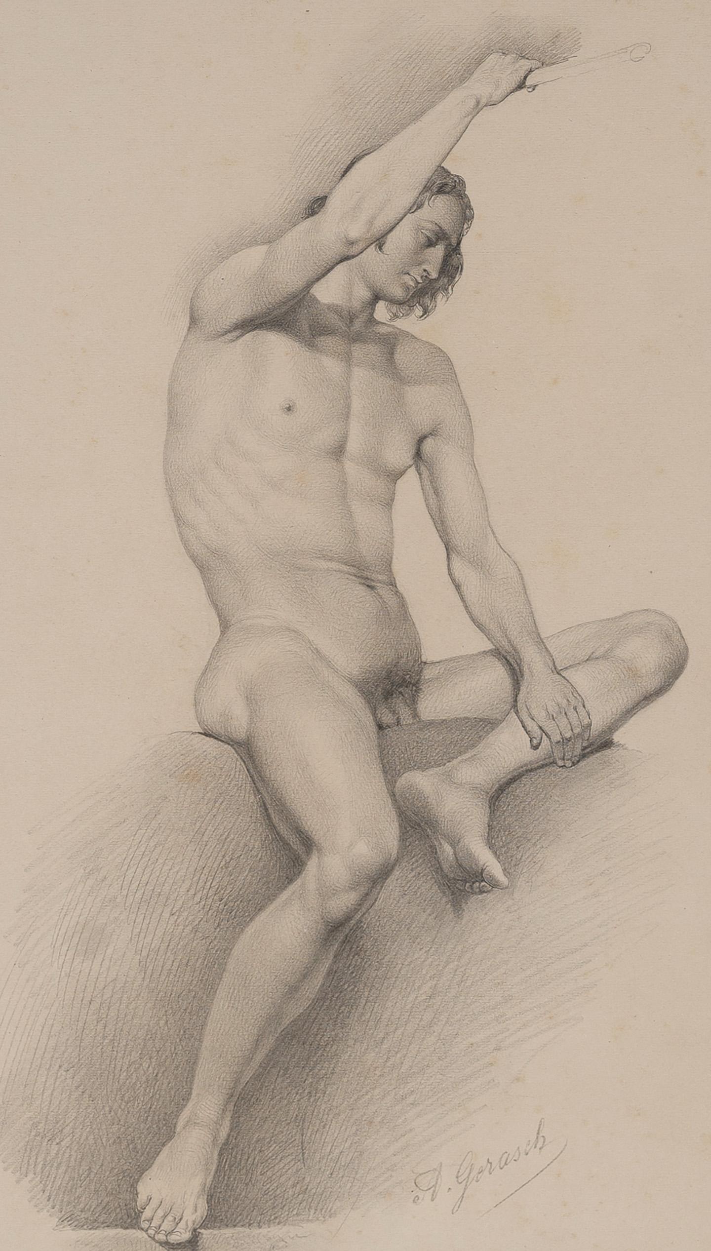 Antique Austrian Signed Classical Muscular Male Nude 19th Century Framed Drawing 1