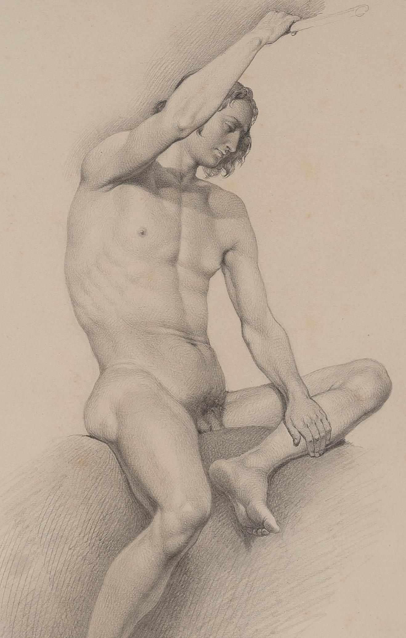 Antique Austrian Signed Classical Muscular Male Nude 19th Century Framed Drawing 2