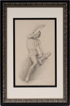 Antique Austrian Signed Classical Muscular Male Nude 19th Century Framed Drawing