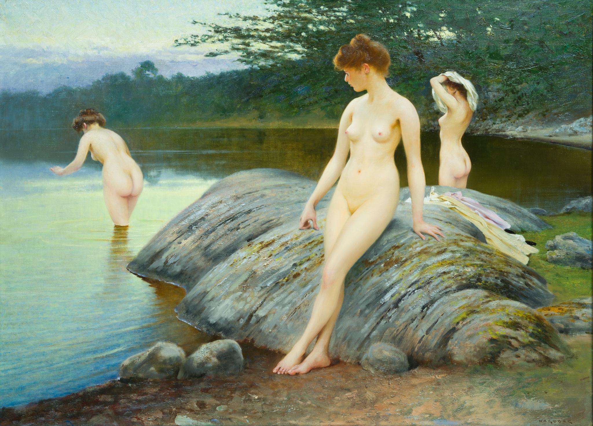Tre donne in riva al mare, mentre si preparano a fare il bagno alla luce del mattino - Painting di August Hagborg