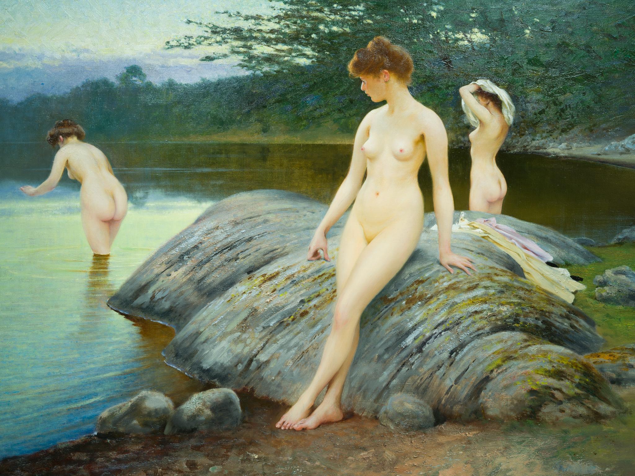 Tre donne in riva al mare, mentre si preparano a fare il bagno alla luce del mattino - Painting Romantico di August Hagborg