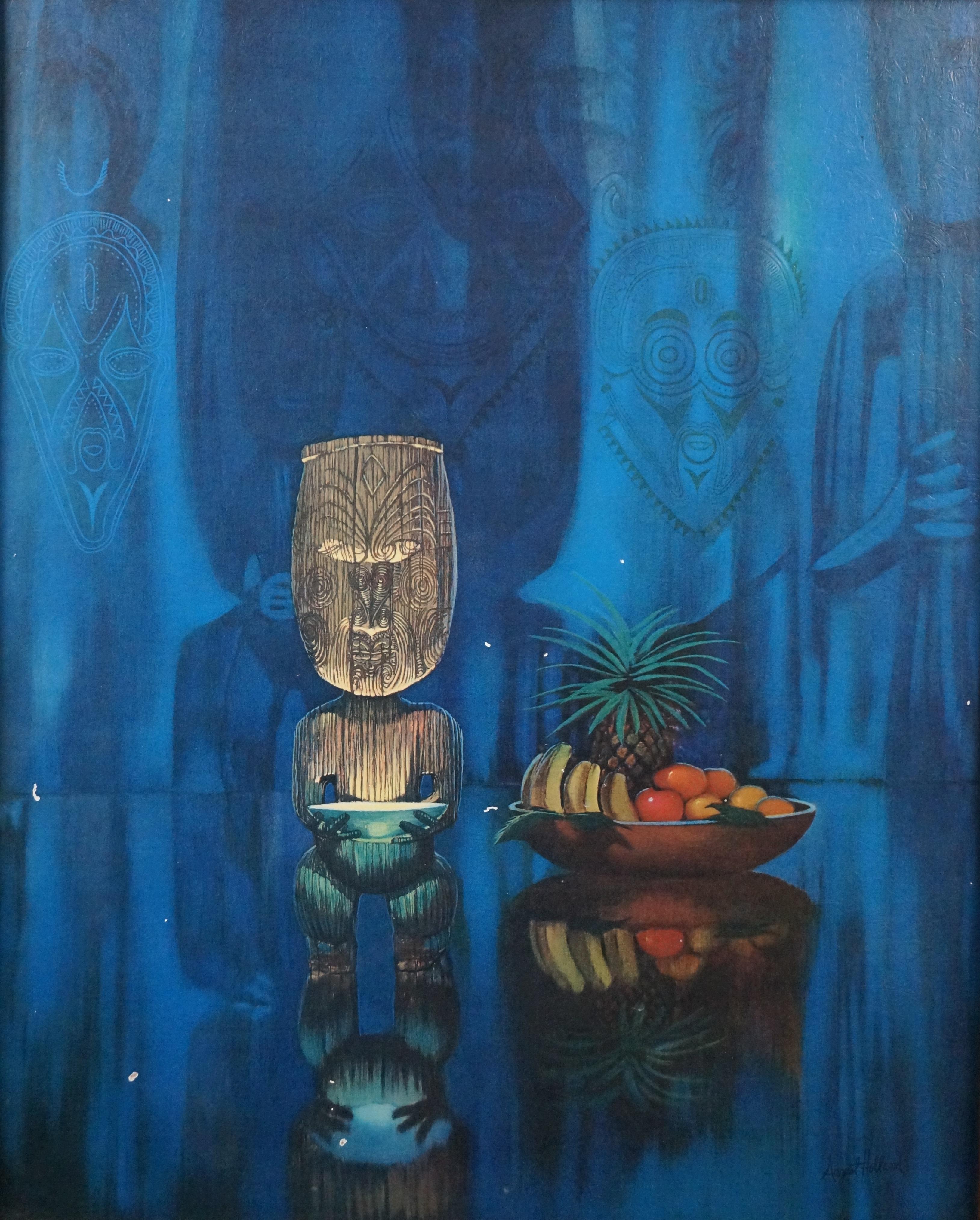 Hardwood August Holland Mid Century Modern Pearl of Wisdom Tiki Man Fruit Lithograph 31