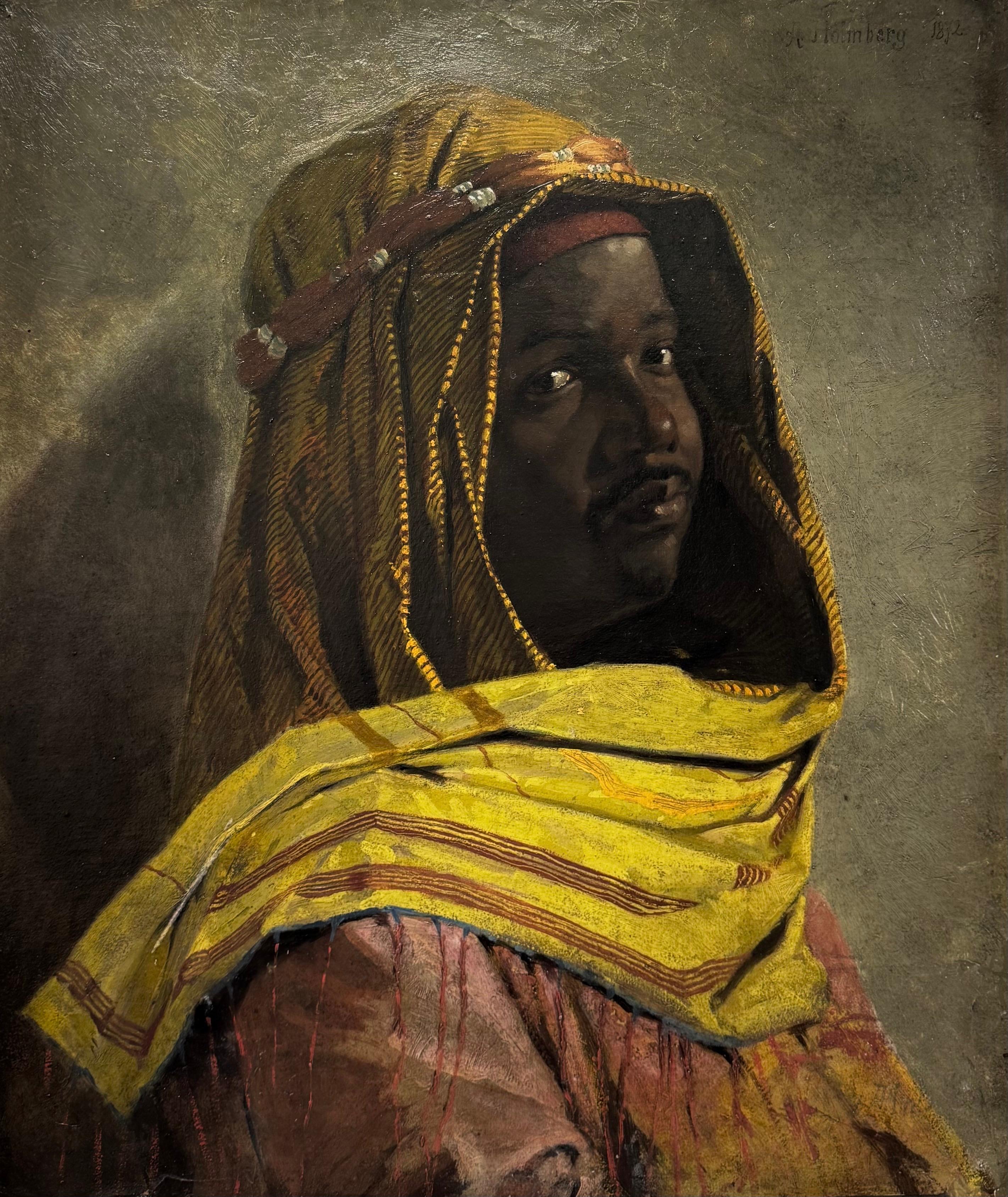“Portrait of a North African Man, 1872” Orientalist Portrait Black Model 19th C. - Painting by August Holmberg