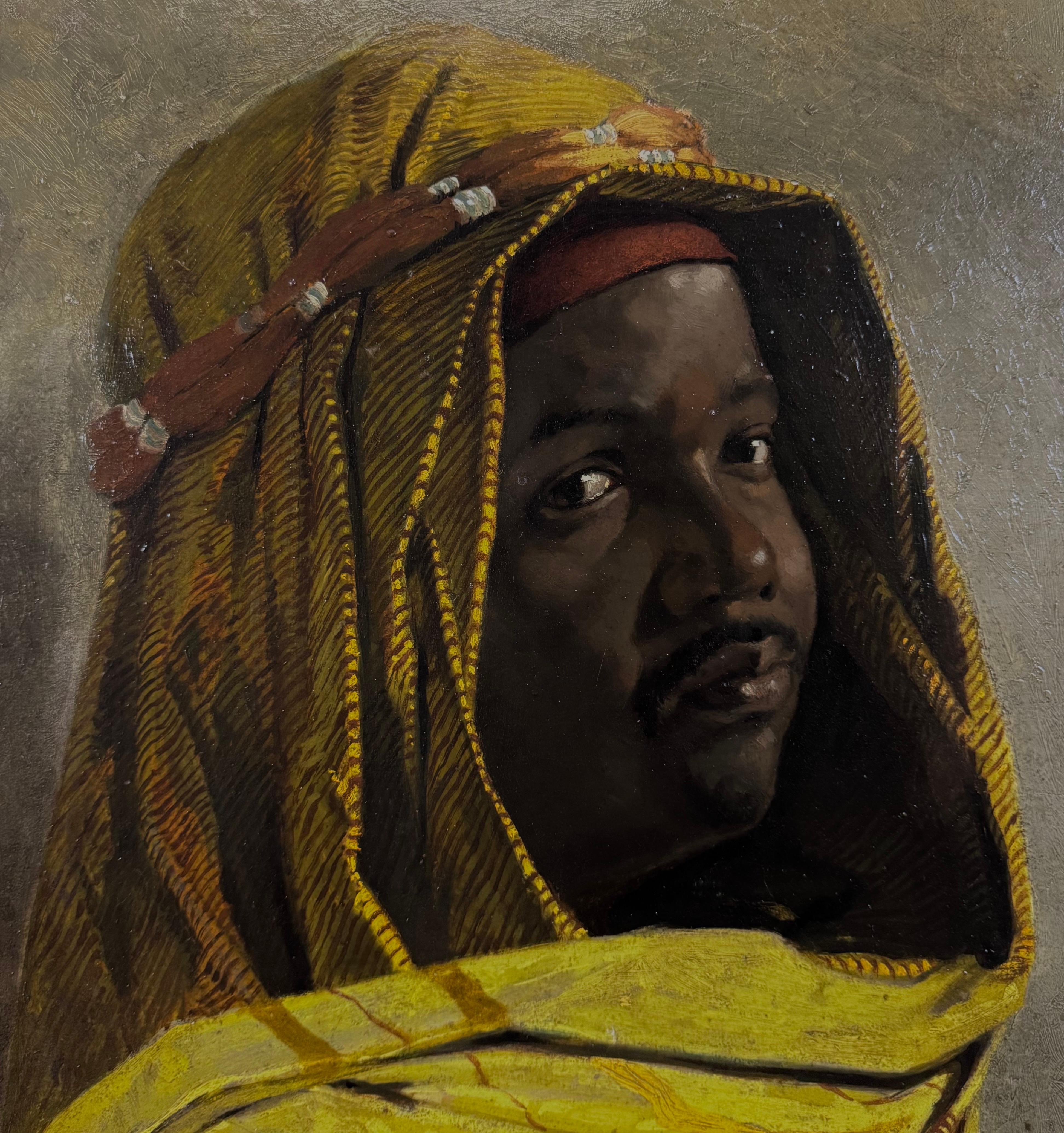 “Portrait of a North African Man, 1872” Orientalist Portrait Black Model 19th C. - Realist Painting by August Holmberg