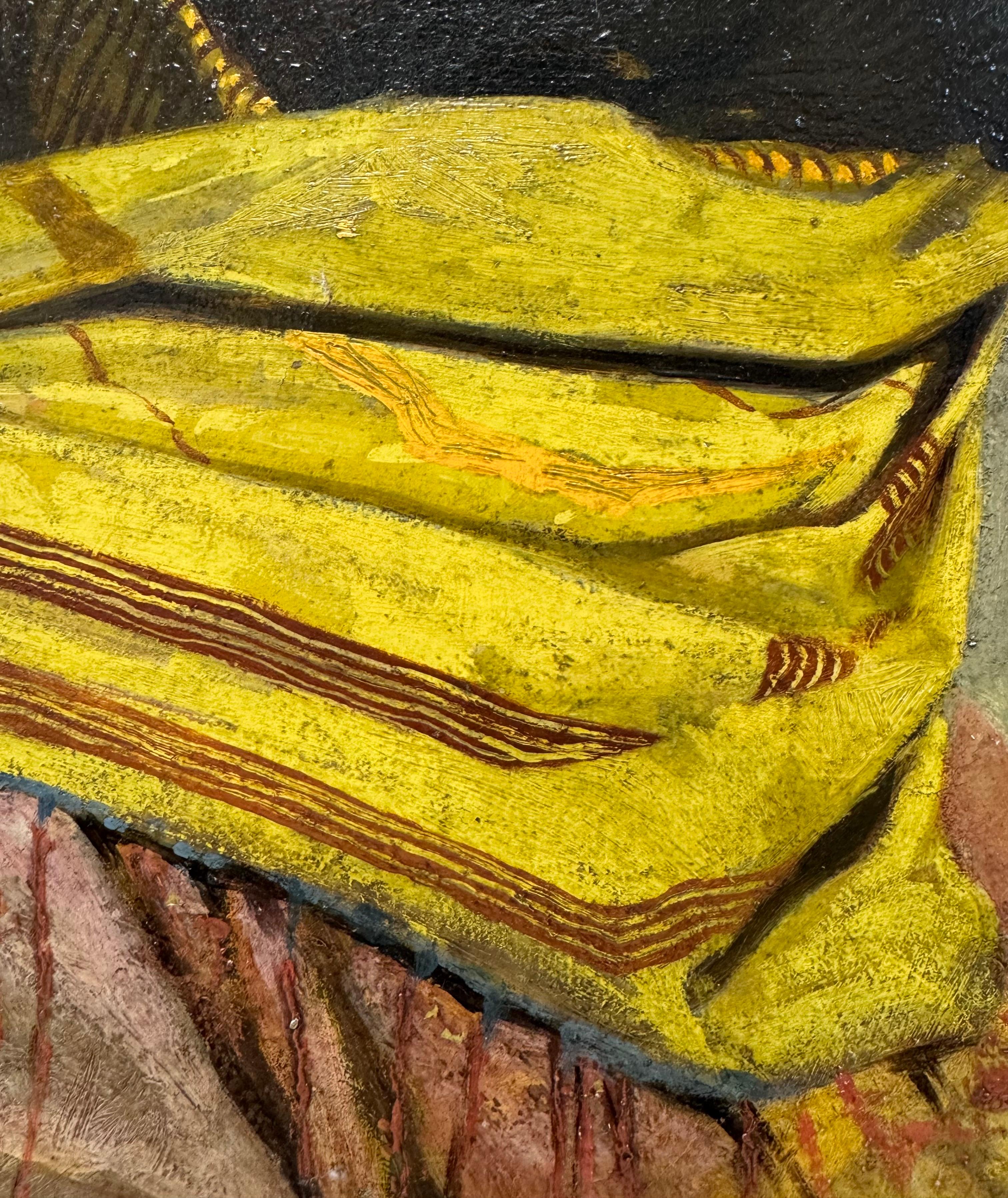 “Portrait of a North African Man, 1872” by August Holmberg (1851-1911)

This striking oil painting by the German painter, August Holmberg, depicts a richly detailed and intimate portrait of a man wrapped in a flowing yellow shawl with deep crimson