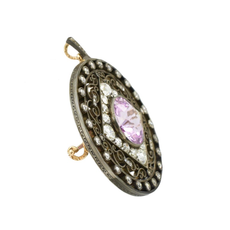 Artist August Holmström for Fabergé; Antique Pink Sapphire and Diamond Brooch For Sale