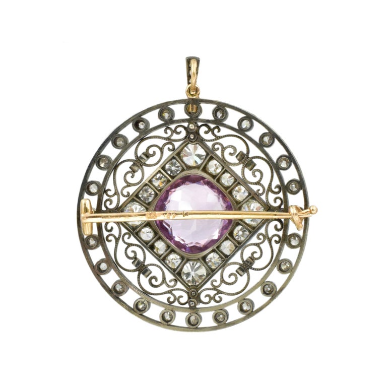 Round Cut August Holmström for Fabergé; Antique Pink Sapphire and Diamond Brooch For Sale