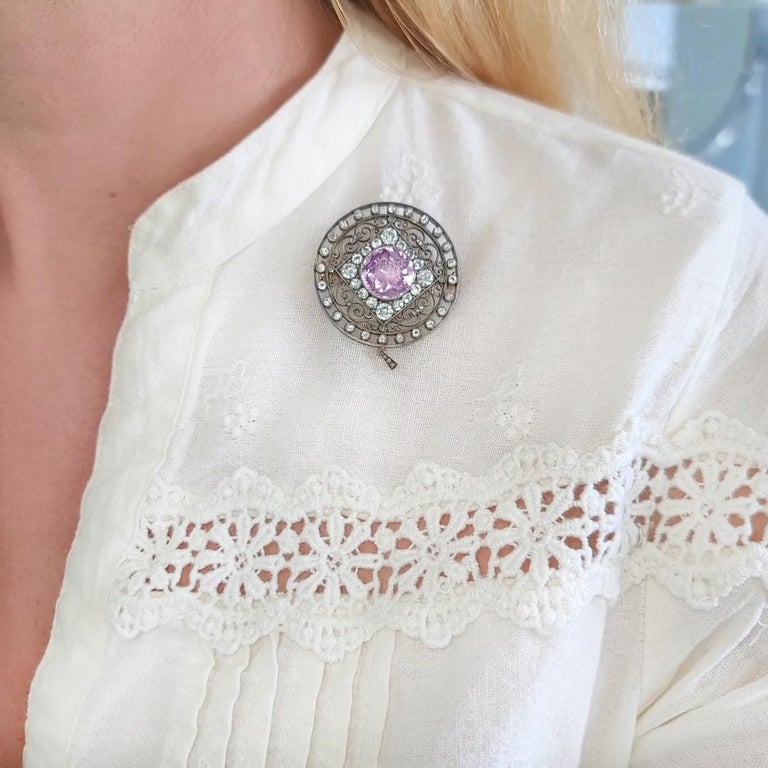August Holmström for Fabergé; Antique Pink Sapphire and Diamond Brooch For Sale 1