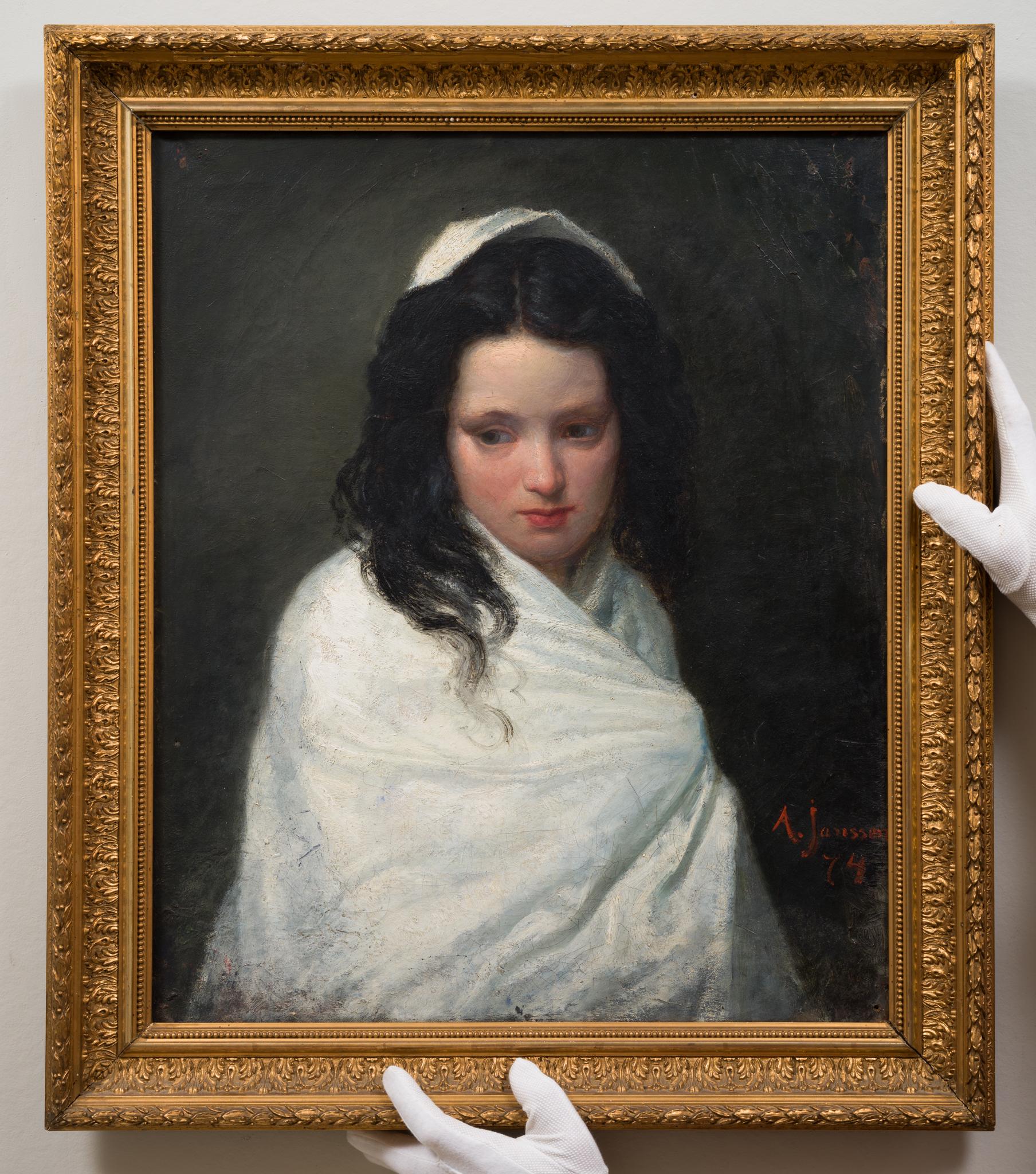 Ritratto di donna avvolta in uno scialle bianco, 1874 - Painting di August Jansson