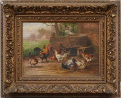 Antiguo paisaje bucólico americano Gallinas pastando Pintura al óleo enmarcada