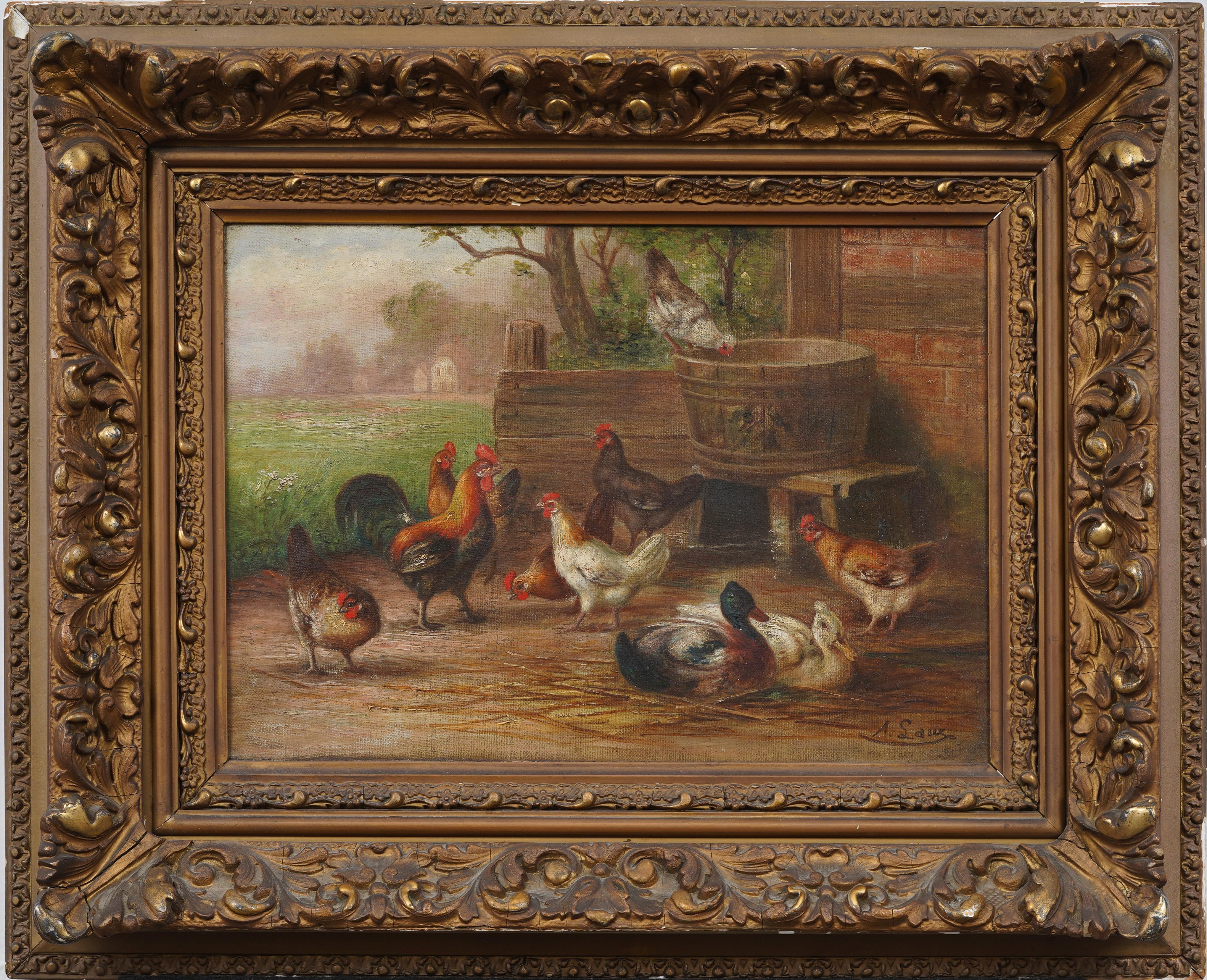 Antique American Bucolic Landscape Chickens Grazing Framed Oil Painting