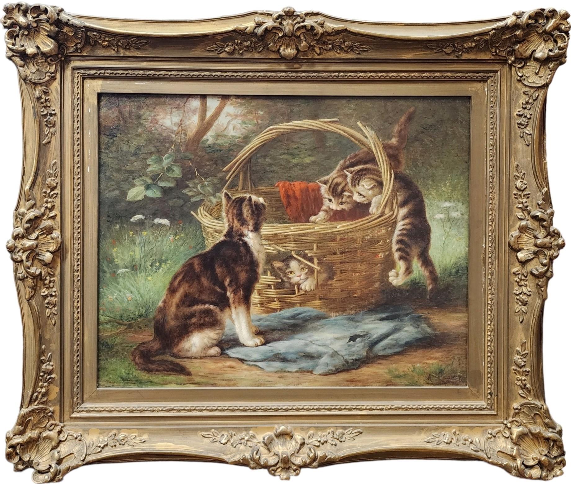 Animal Painting August Laux - Hide and Seek, 1880 Huile sur toile, Kittens in Basket, Cats, Cat, Kitten, Pet