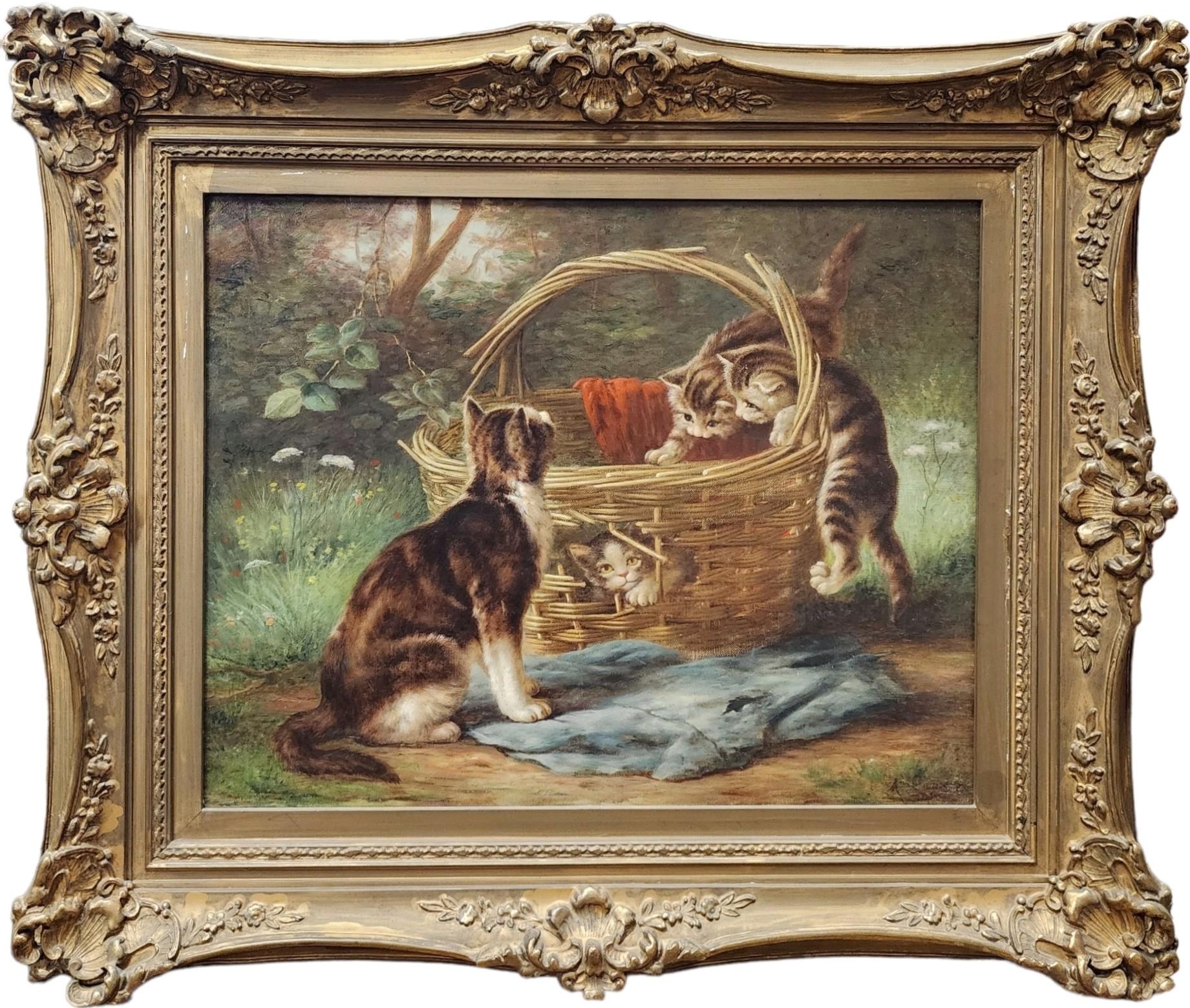 Animal Painting de August Laux - Escondite, 1880 Óleo sobre lienzo, Gatitos en cesta, Gatos, Gato, Gatito, Mascota