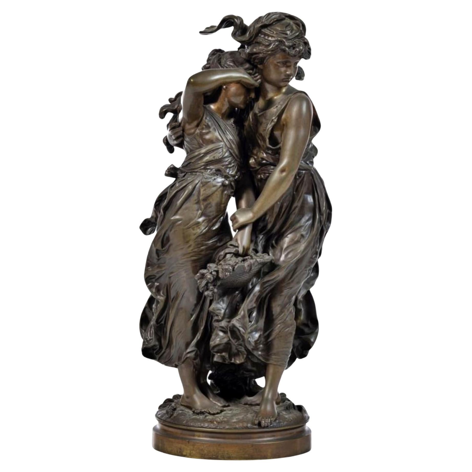 August Moreau '1834-1917' "Le Jeunes Filles". French Bronze Sculpture Signed For Sale
