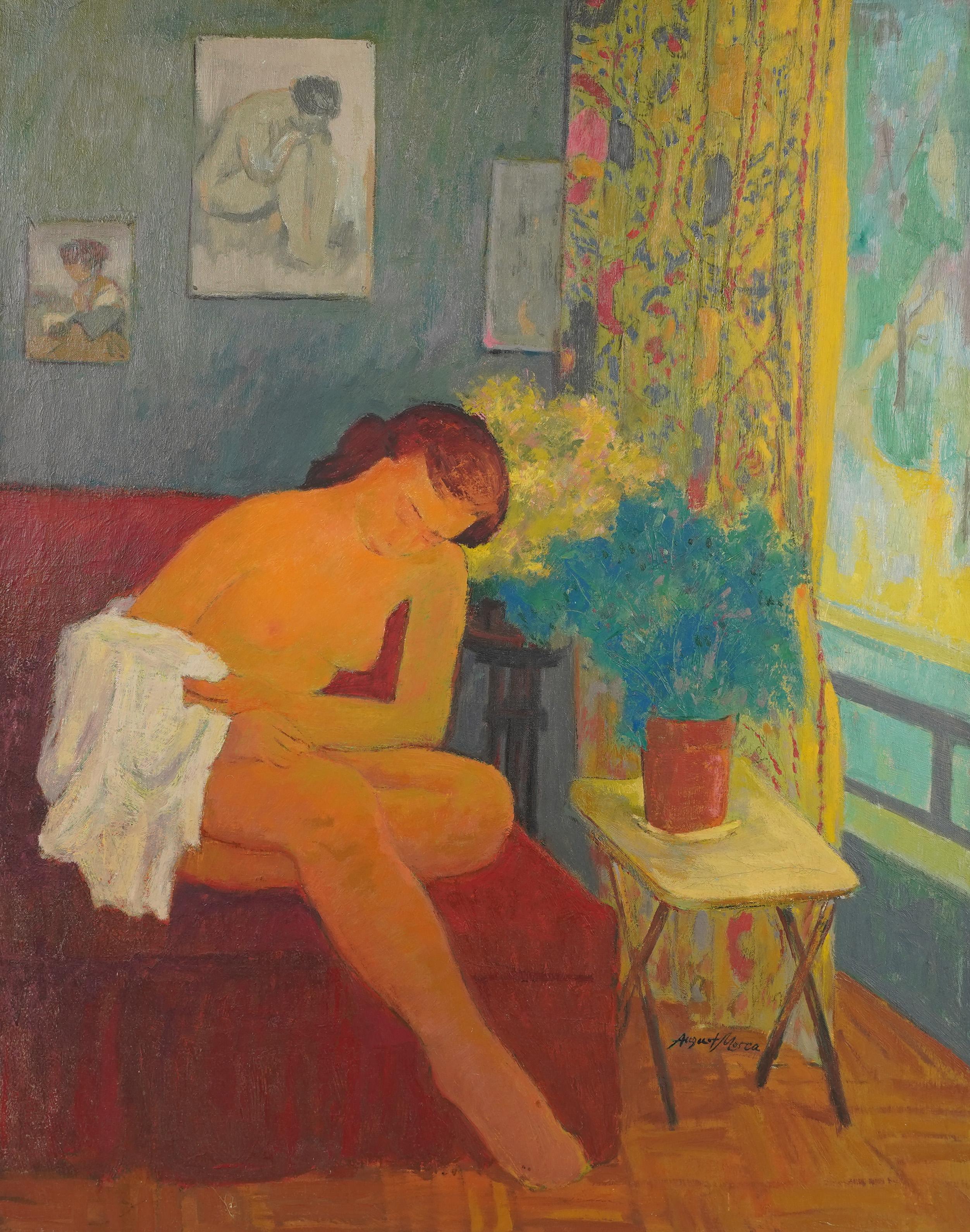 Vintage impressionist interior view with a nude portrait.  Oil on canvas.  Nicely framed in a period modern simple wood frame.  Image size, 28L x 36H.  Signed.
