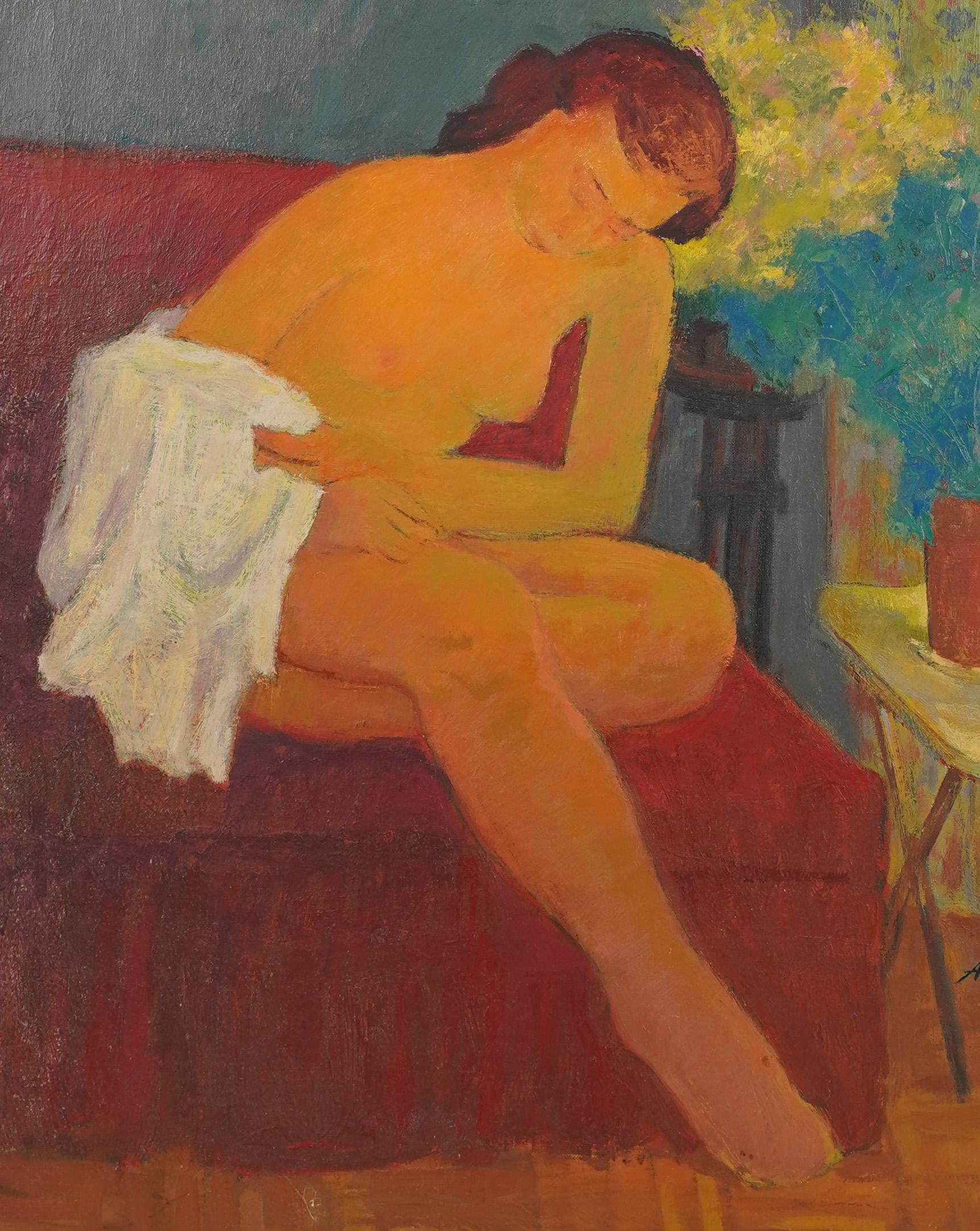 Antique Signed Impressionist Nude Woman Portrait Large Interior Oil Painting 1
