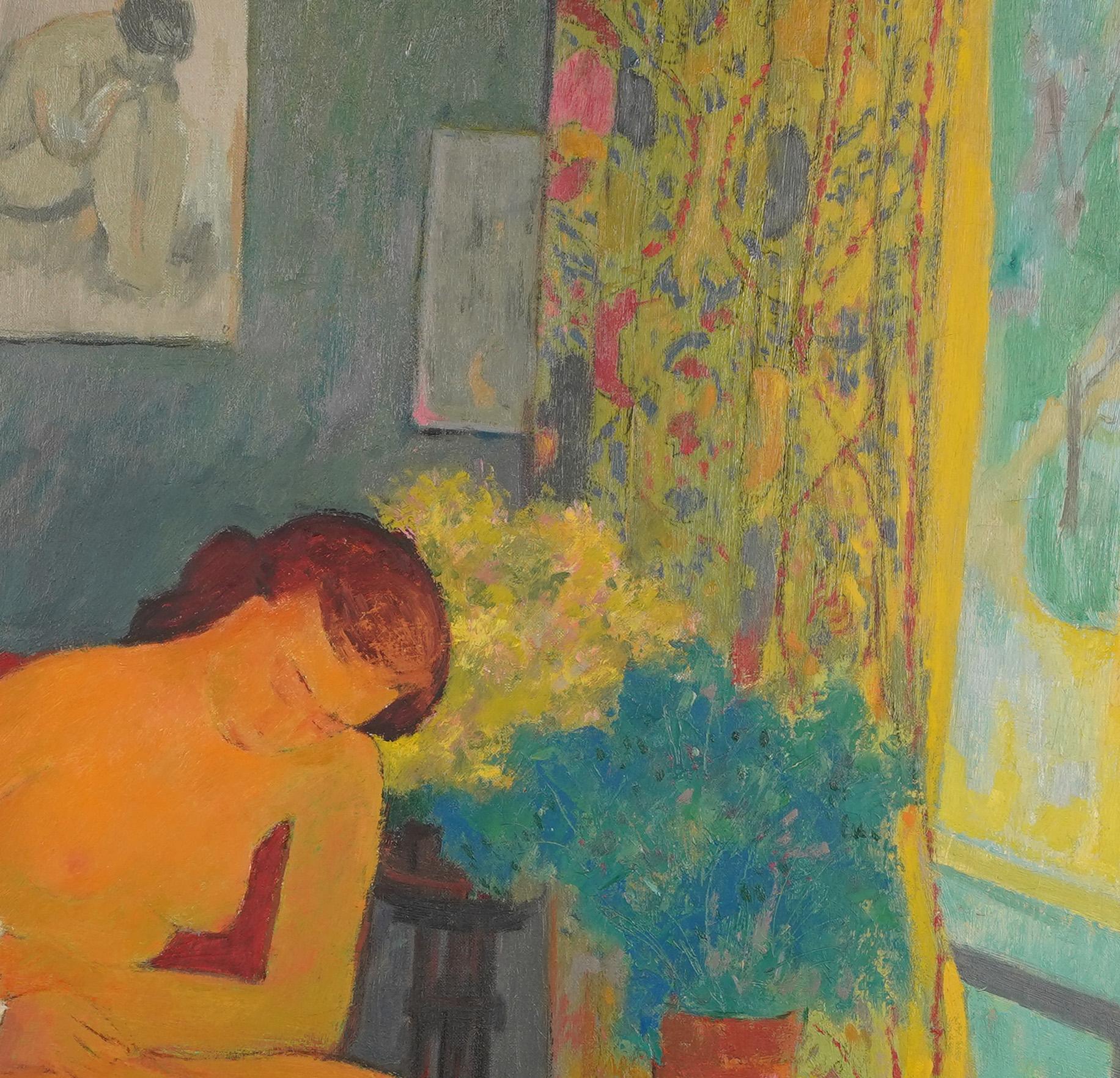 Antique Signed Impressionist Nude Woman Portrait Large Interior Oil Painting 2