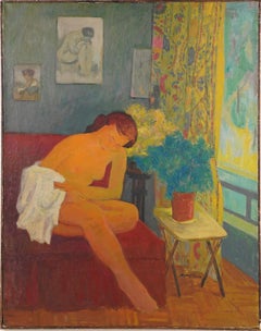 Ancienne peinture à l'huile impressionniste d'un portrait de femme nue, signée, grand intérieur