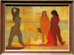 Bathing Figures - Post Impressionist oil nude women Gauguin style yellow red