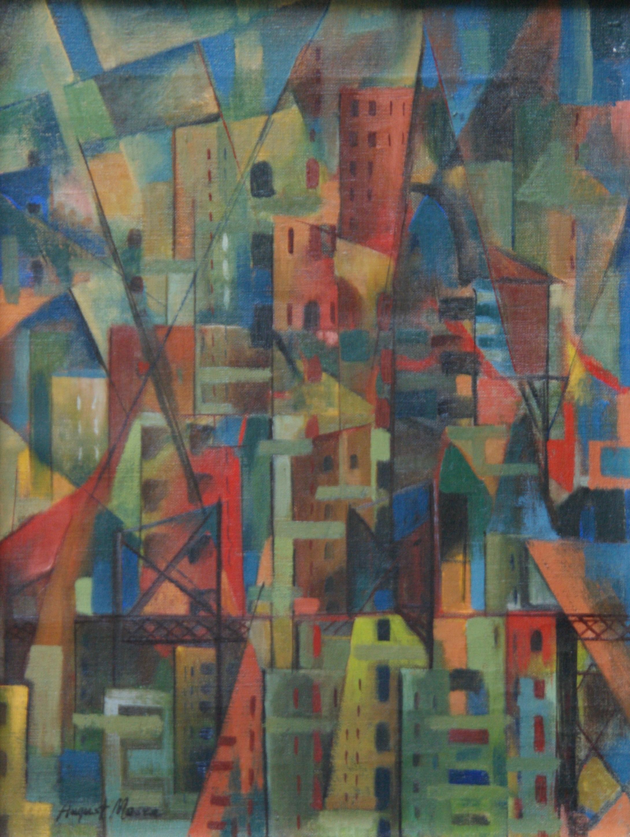 Abstract Painting August Mosca - Peinture à l'huile géométrique abstraite américaine WPA, champ de couleur, abstrait, moderne, non objectif