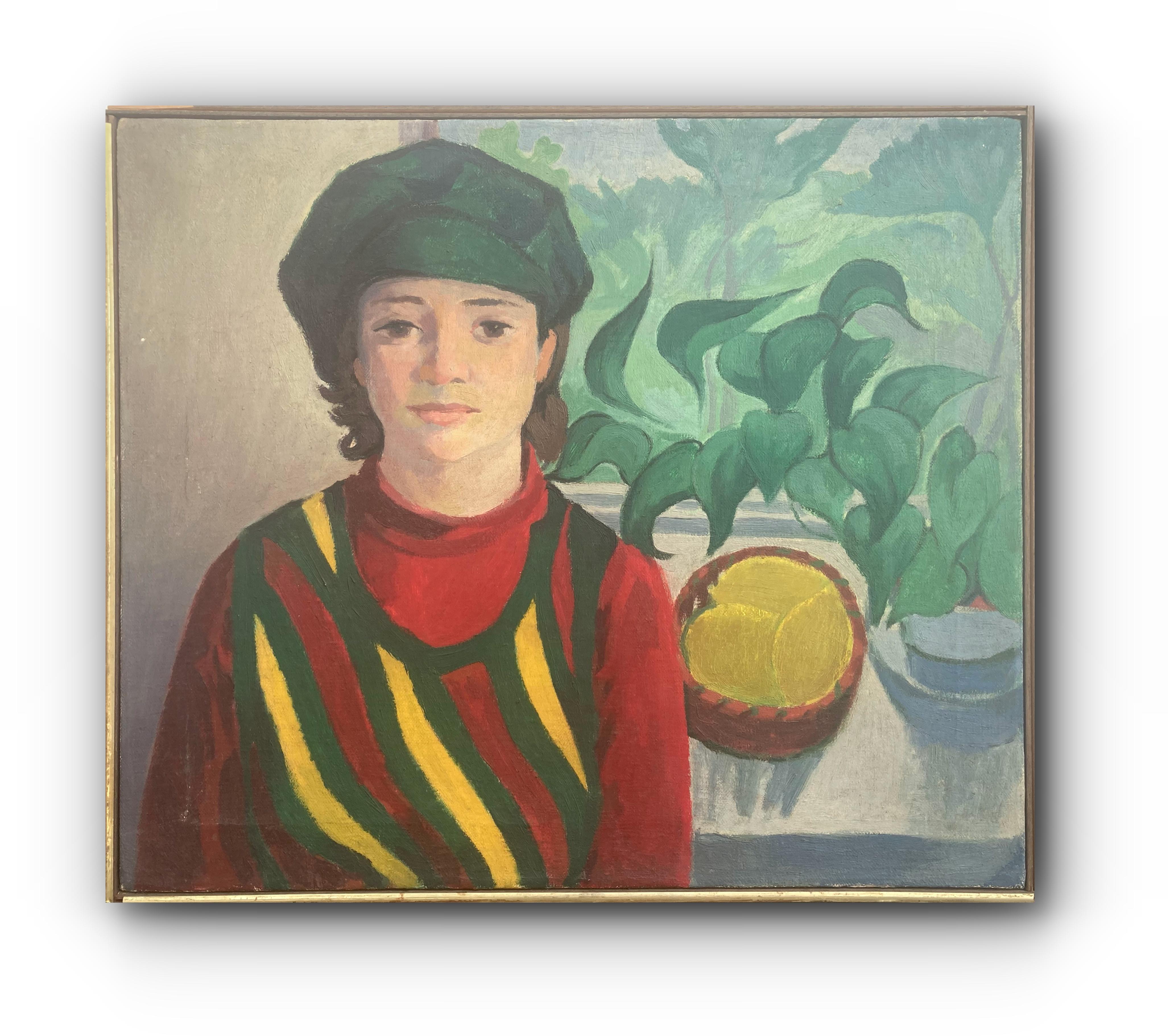 August Mosca Figurative Painting - Girl with Green Hat (celebrated New York artist - Framed Mid-Century Painting)