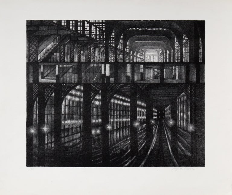 Artist: August Mosca (1905 - 2003)
Title: Subway Station
Medium: Lithograph, signed and numbered in pencil 
Edition: 1/20
Image Size: 14.5 x 16.5 inches
Paper Size: 19 x 21.5 inches

