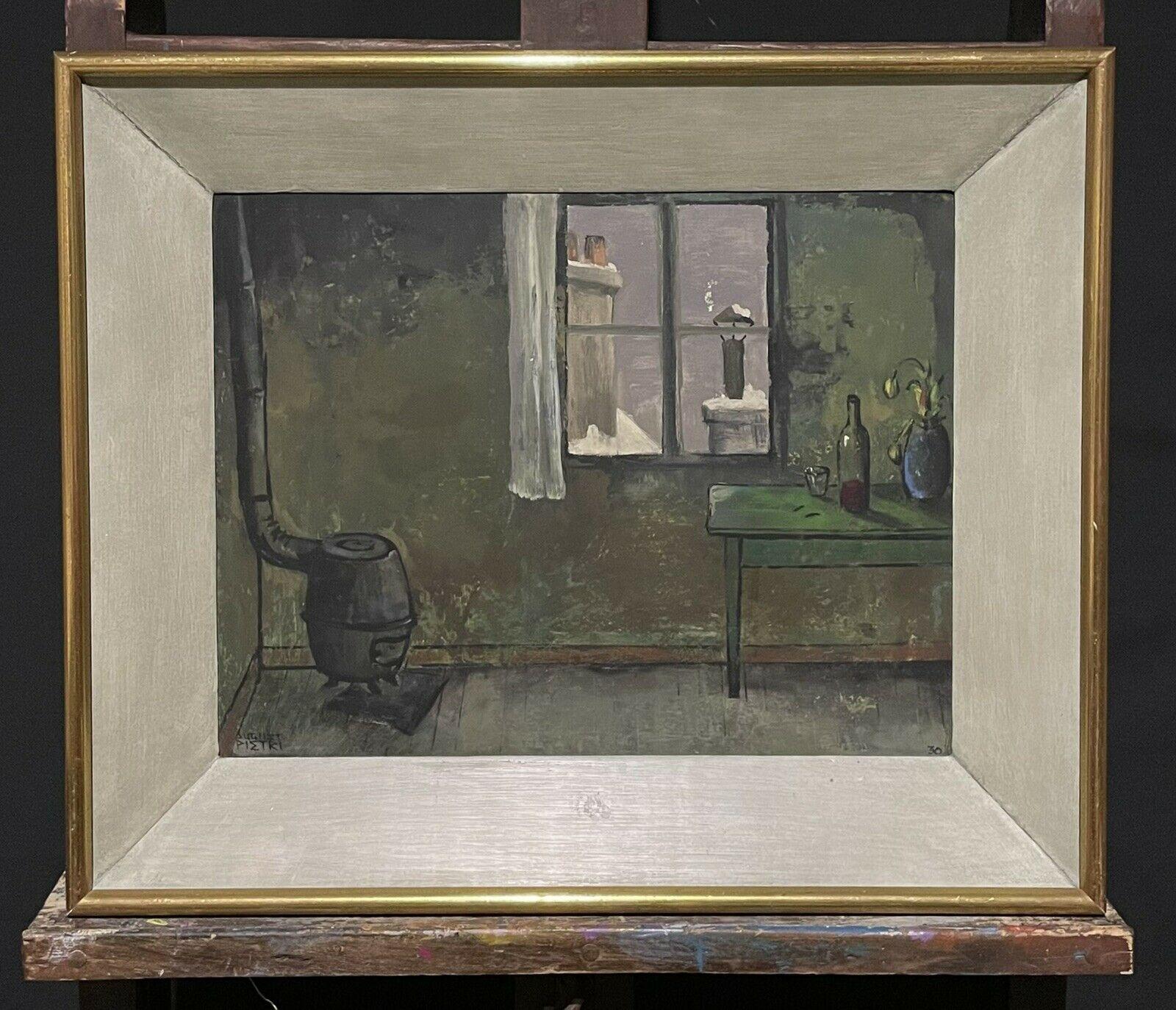 Parisian Interior Attic Room Mid 20th Century French Signed Oil, Rooftop Views - Painting by August Pietri